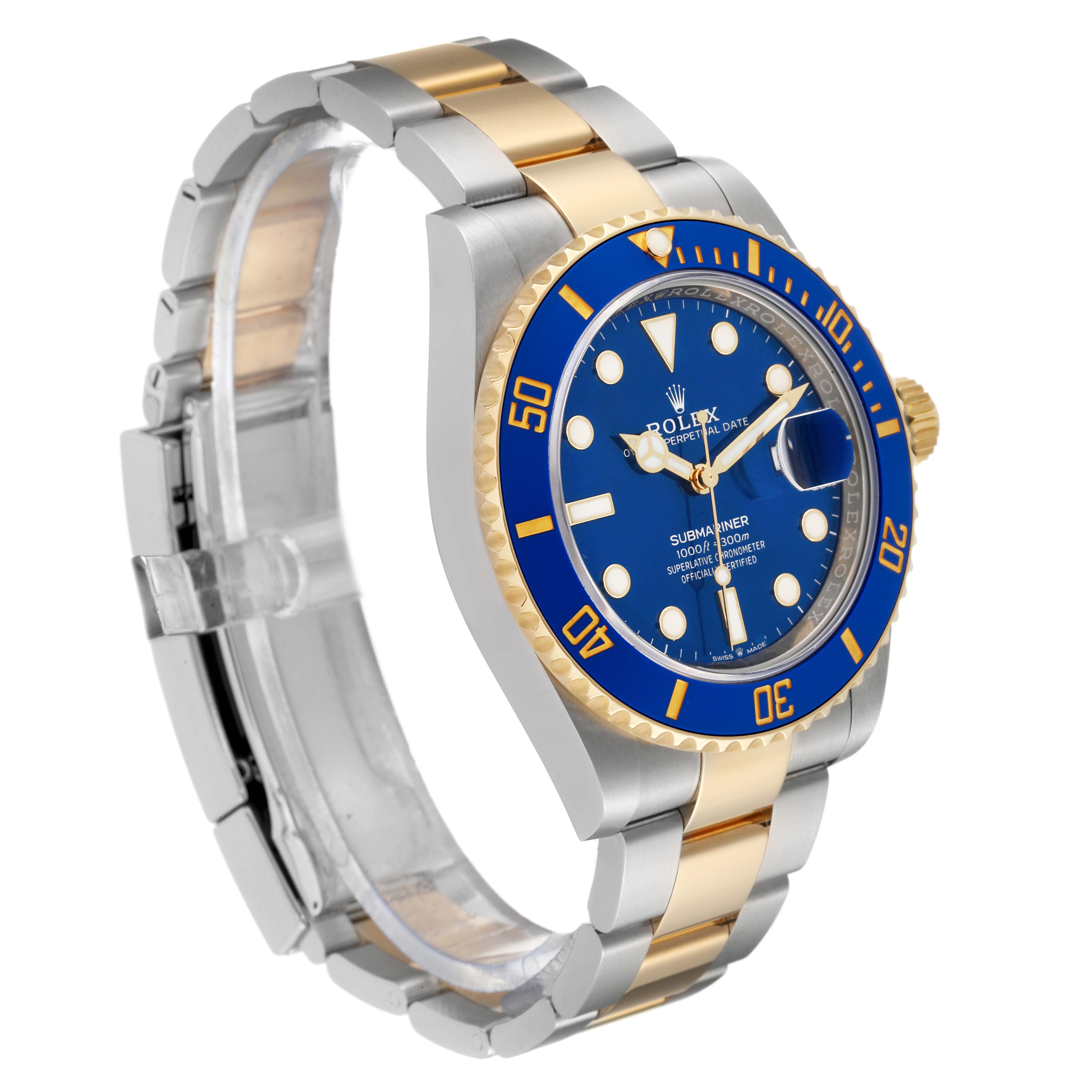 The Rolex Submariner 126613LB Men's Steel and Gold (two tone) Blue Dial 126613LB Men's Steel and Gold (two tone) Blue Dial watch is shown at a three-quarter angle, highlighting its blue dial, bezel, and two-tone bracelet.