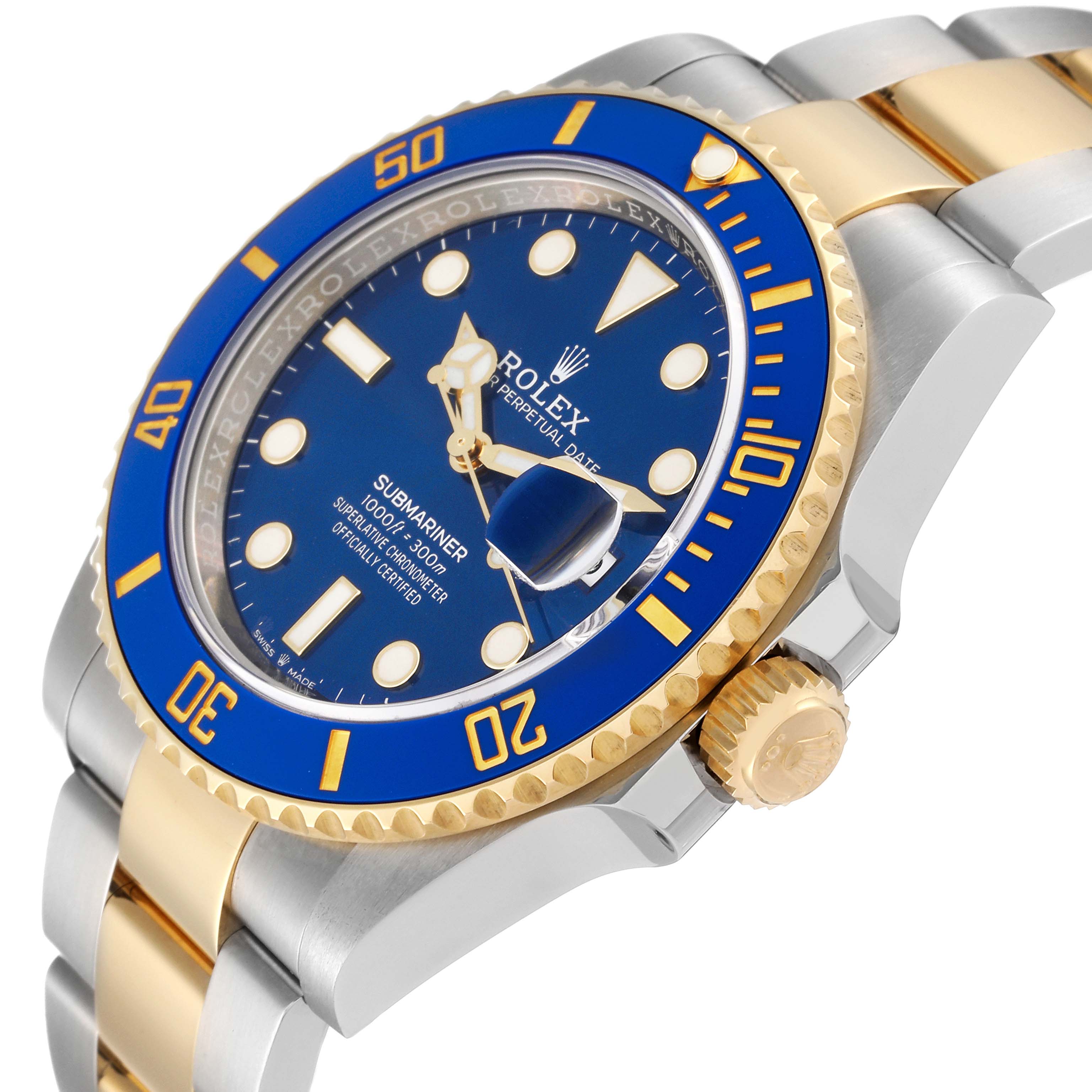 The image shows a close-up view of a Rolex Submariner 126613LB Men's Steel and Gold (two tone) Blue Dial 126613LB Men's Steel and Gold (two tone) Blue Dial watch, highlighting the blue dial, bezel, and the gold and silver bracelet.