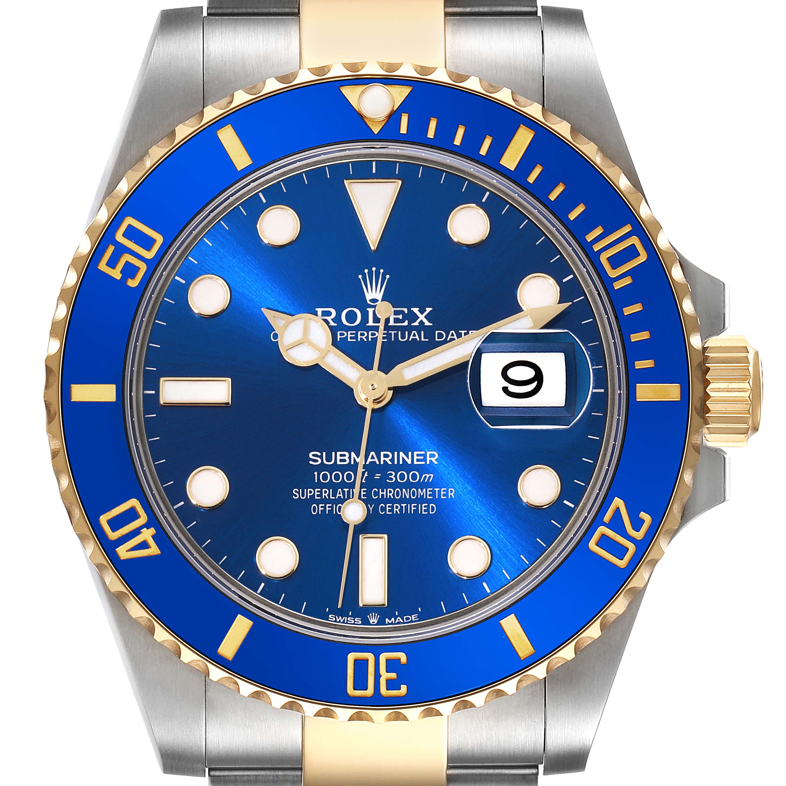 This image shows a front view of the Rolex Submariner 126613LB Men's Steel and Gold (two tone) Blue Dial 126613LB Men's Steel and Gold (two tone) Blue Dial watch, featuring the dial, hands, bezel, and part of the bracelet.
