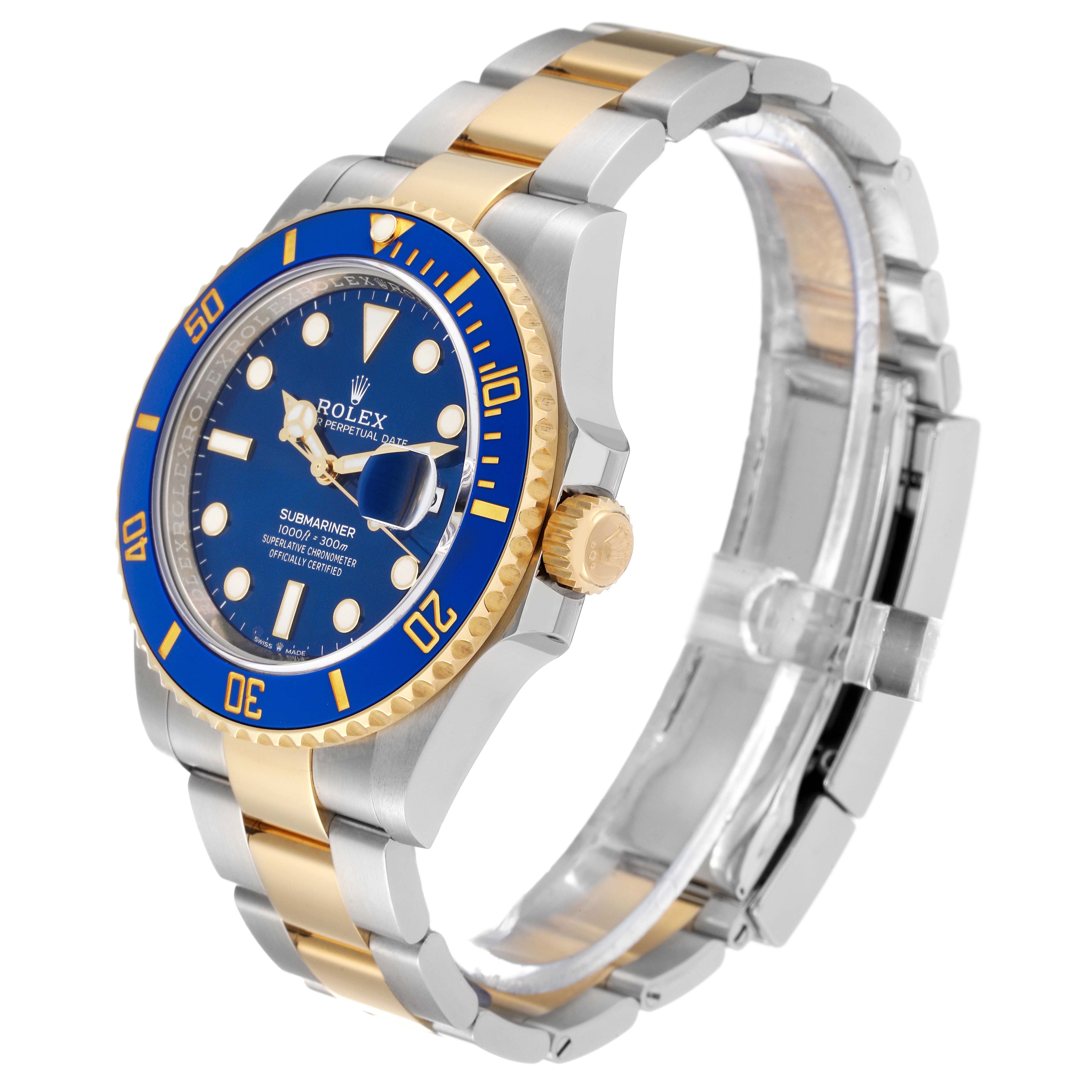 The image shows a Rolex Submariner 126613LB Men's Steel and Gold (two tone) Blue Dial 126613LB Men's Steel and Gold (two tone) Blue Dial watch at a three-quarter angle, highlighting its blue dial, bezel, and two-tone bracelet.