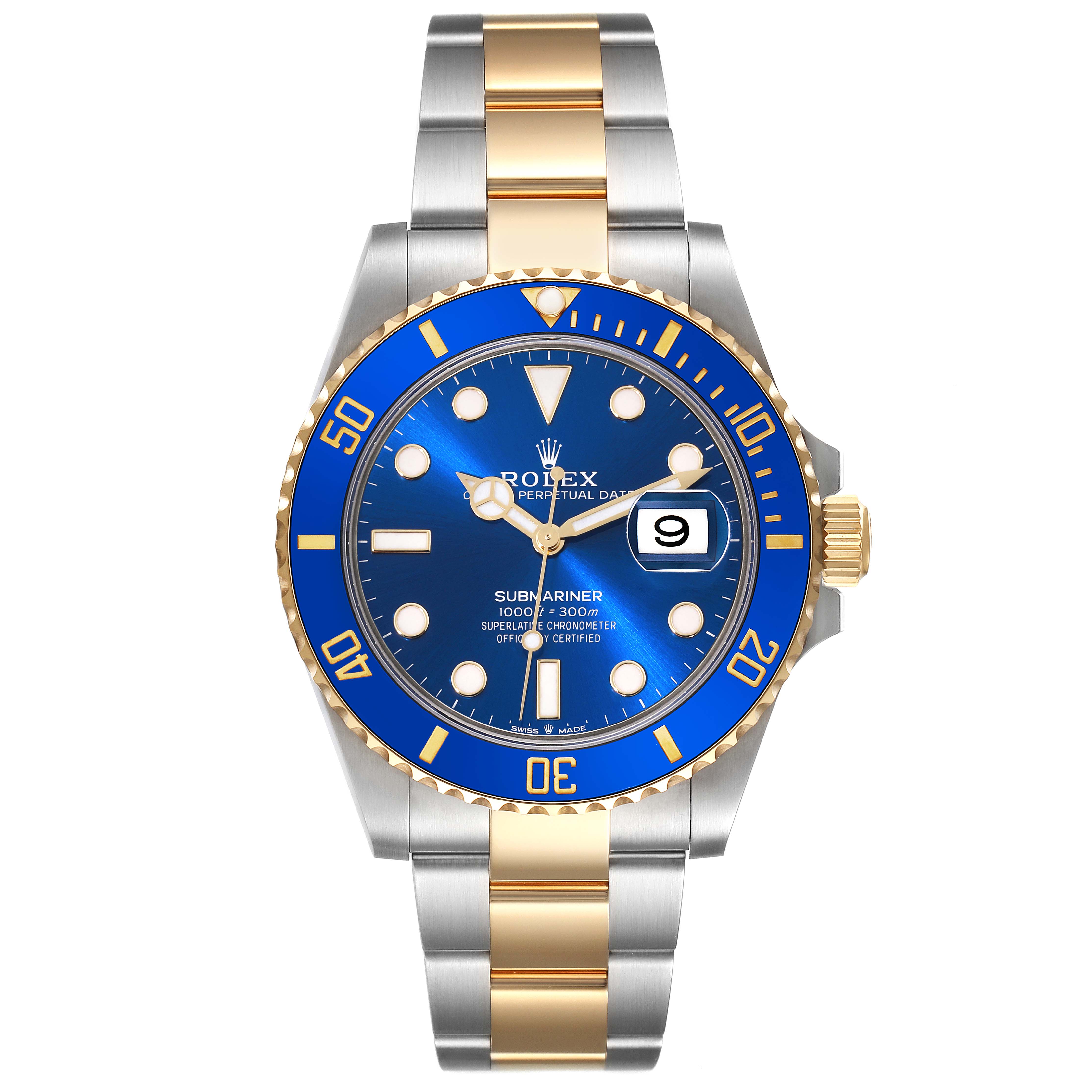 The image shows a full-frontal view of a Rolex Submariner 126613LB Men's Steel and Gold (two tone) Blue Dial 126613LB Men's Steel and Gold (two tone) Blue Dial watch with a blue dial, blue bezel, and two-tone bracelet.
