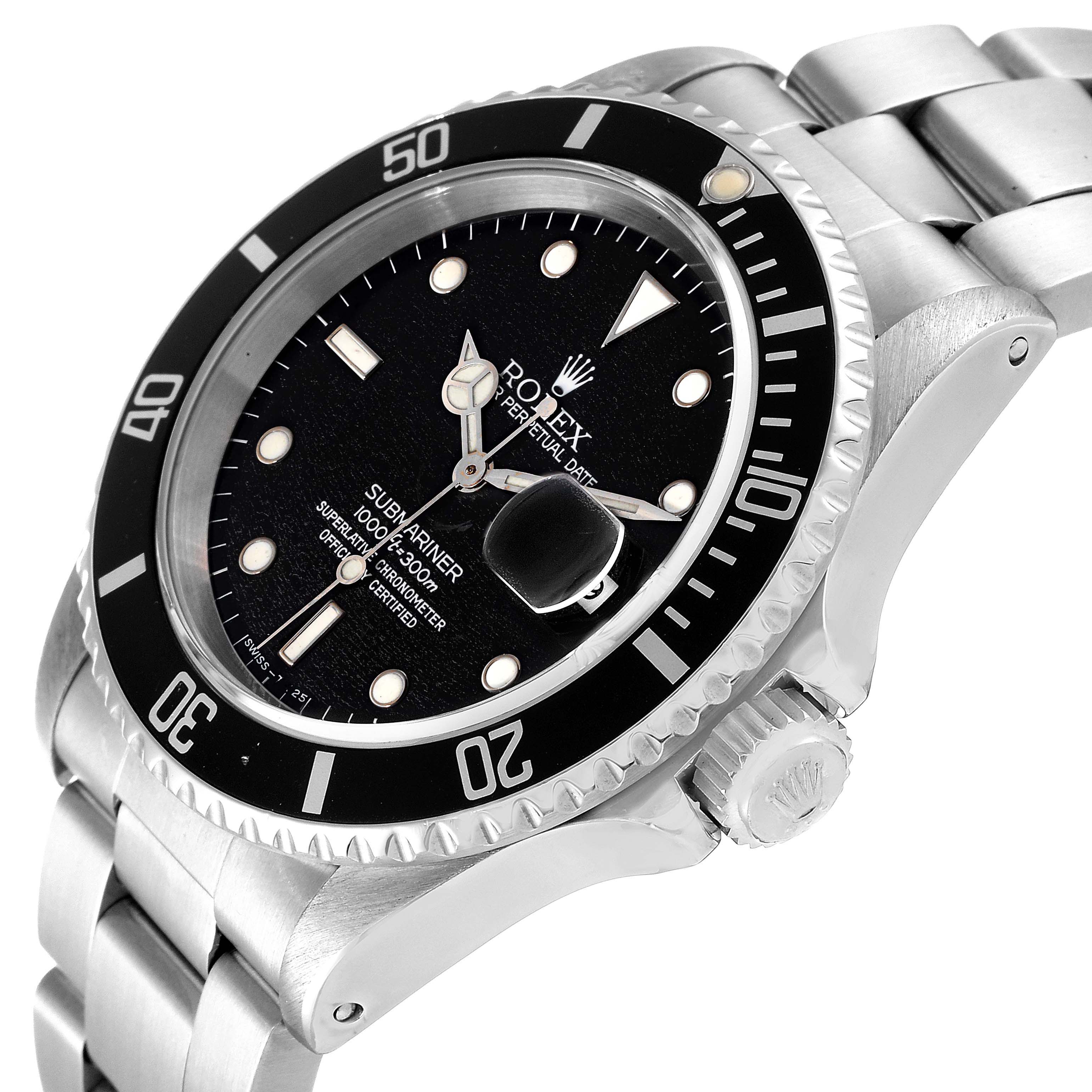 The image shows a close-up angled view of the face, bezel, crown, and part of the bracelet of the Rolex Submariner 16610 Men
s Stainless Steel Black Dial 16610 Men
s Stainless Steel Black Dial watch.