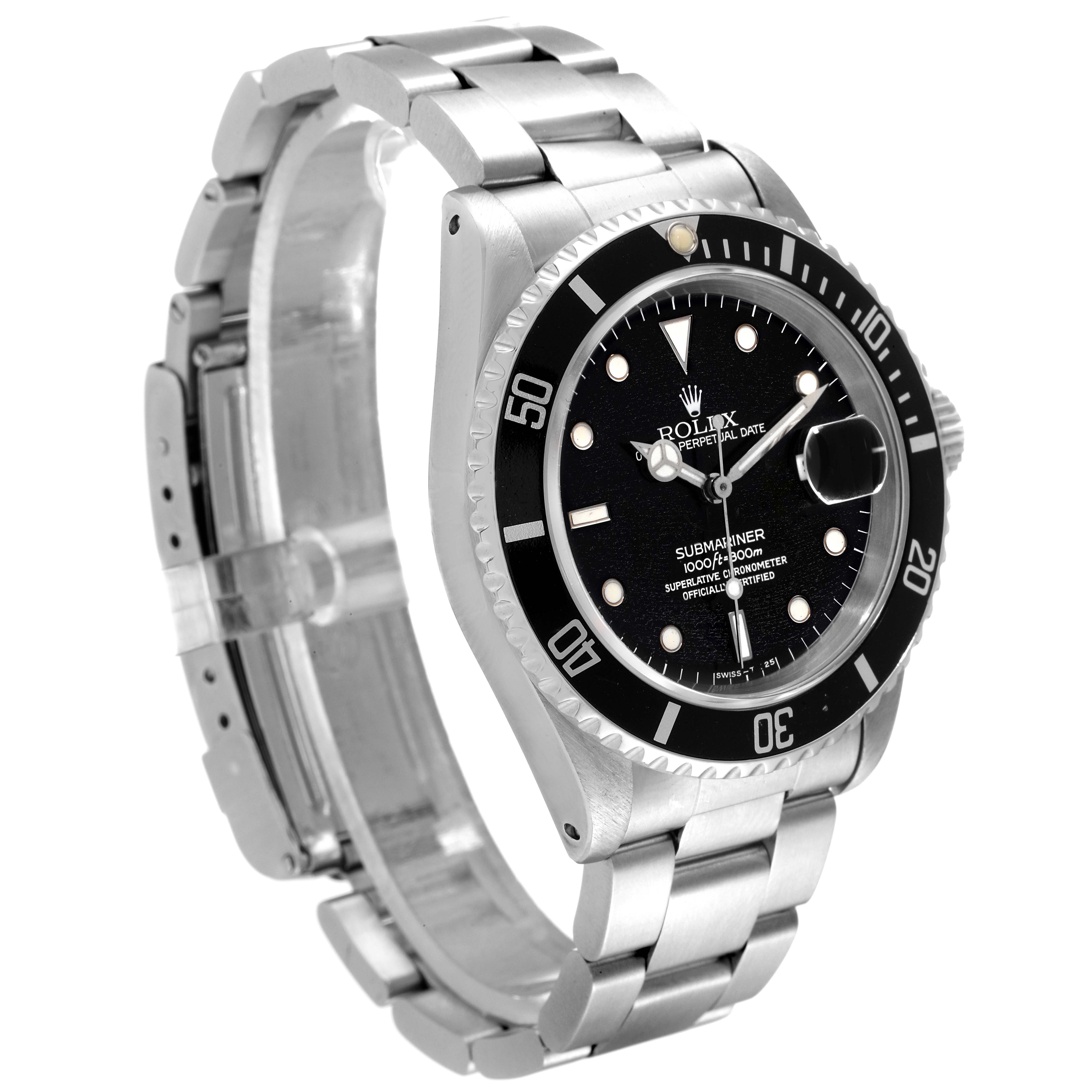 The image shows a Rolex Submariner 16610 Men
s Stainless Steel Black Dial 16610 Men
s Stainless Steel Black Dial watch angled to highlight the face, bezel, and stainless steel bracelet.