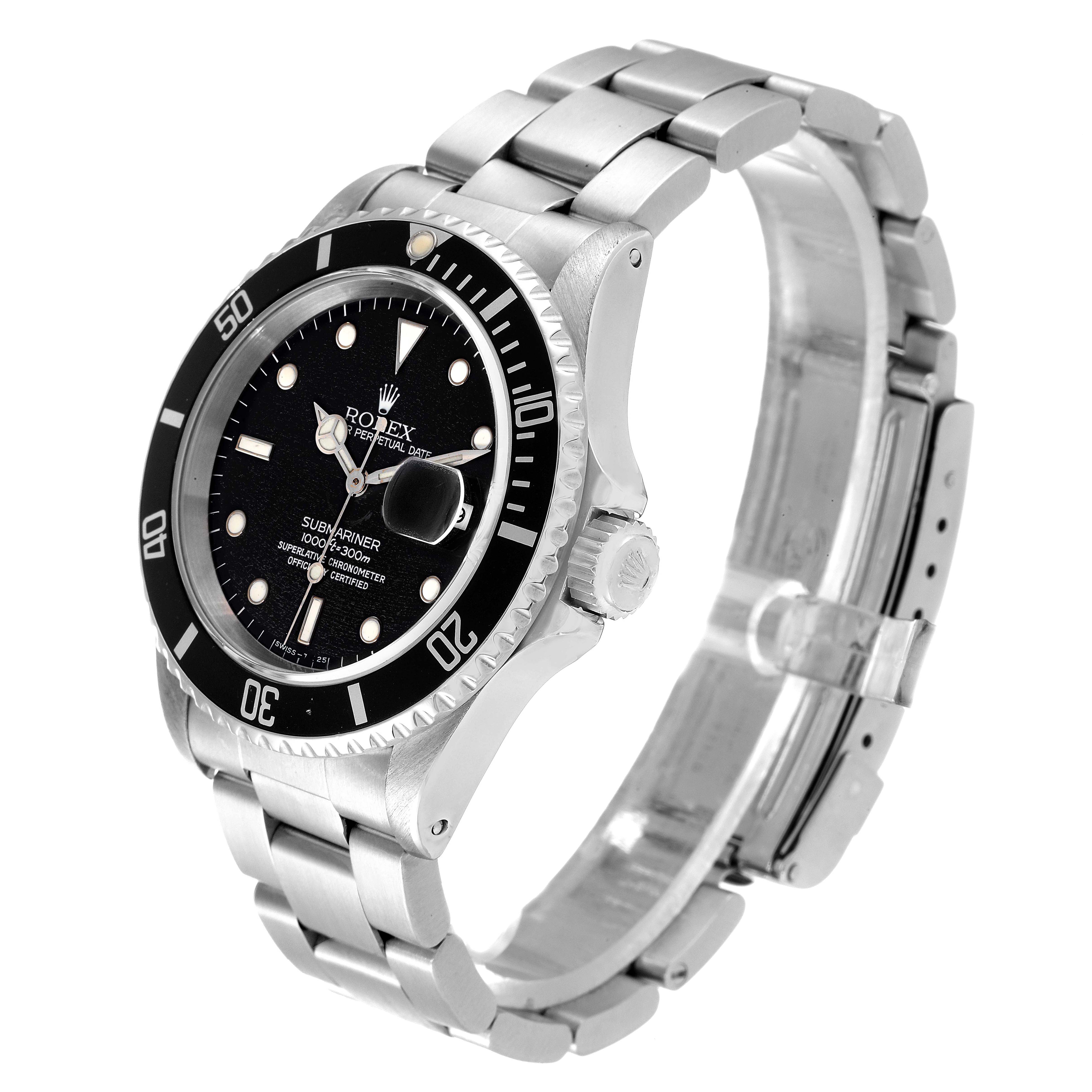 The Rolex Submariner 16610 Men
s Stainless Steel Black Dial 16610 Men
s Stainless Steel Black Dial watch is shown at an angled perspective displaying the face, bezel, crown, and stainless steel bracelet.