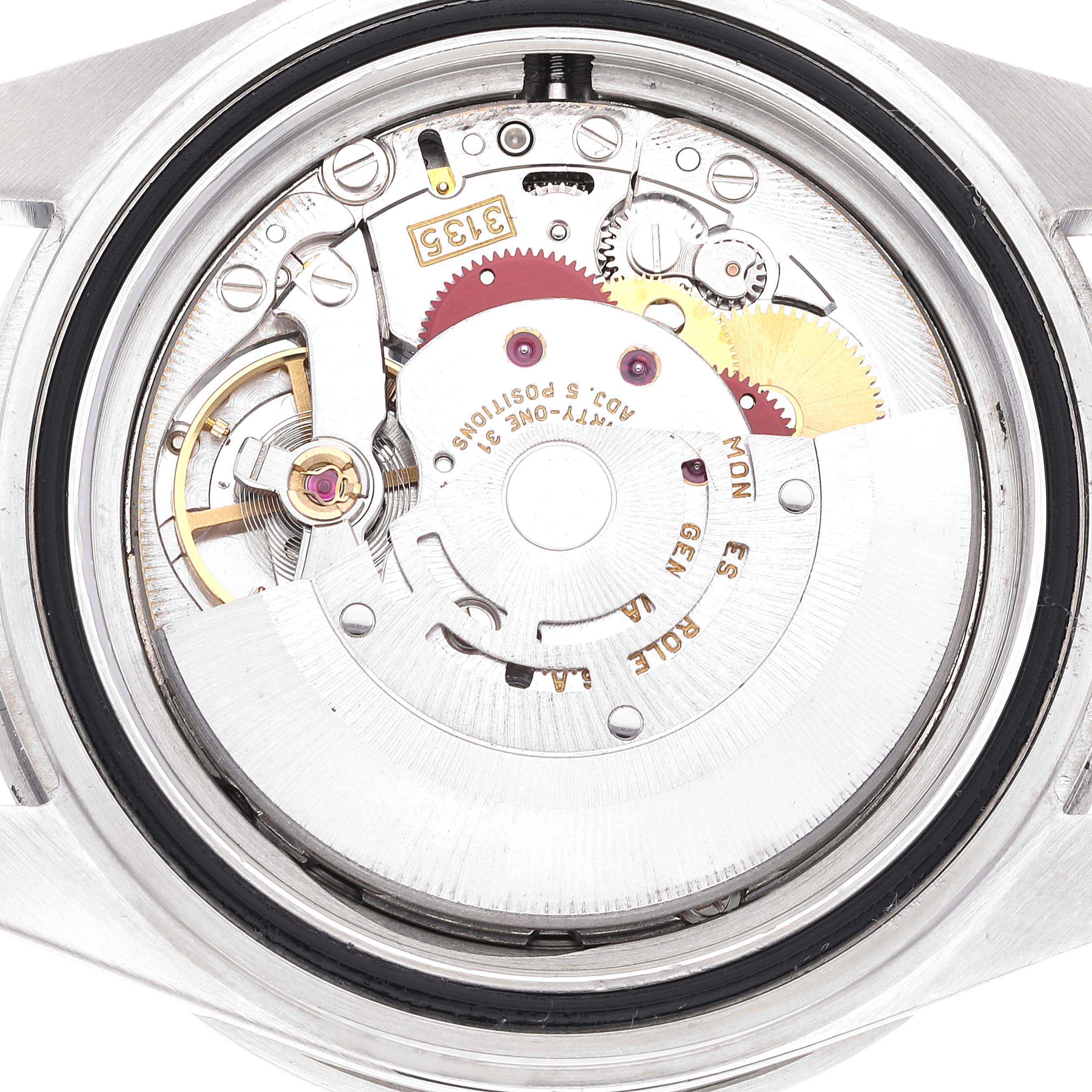 This image shows the internal movement mechanism of a Rolex Submariner 16610 Men
s Stainless Steel Black Dial 16610 Men
s Stainless Steel Black Dial watch from a direct top-down angle.