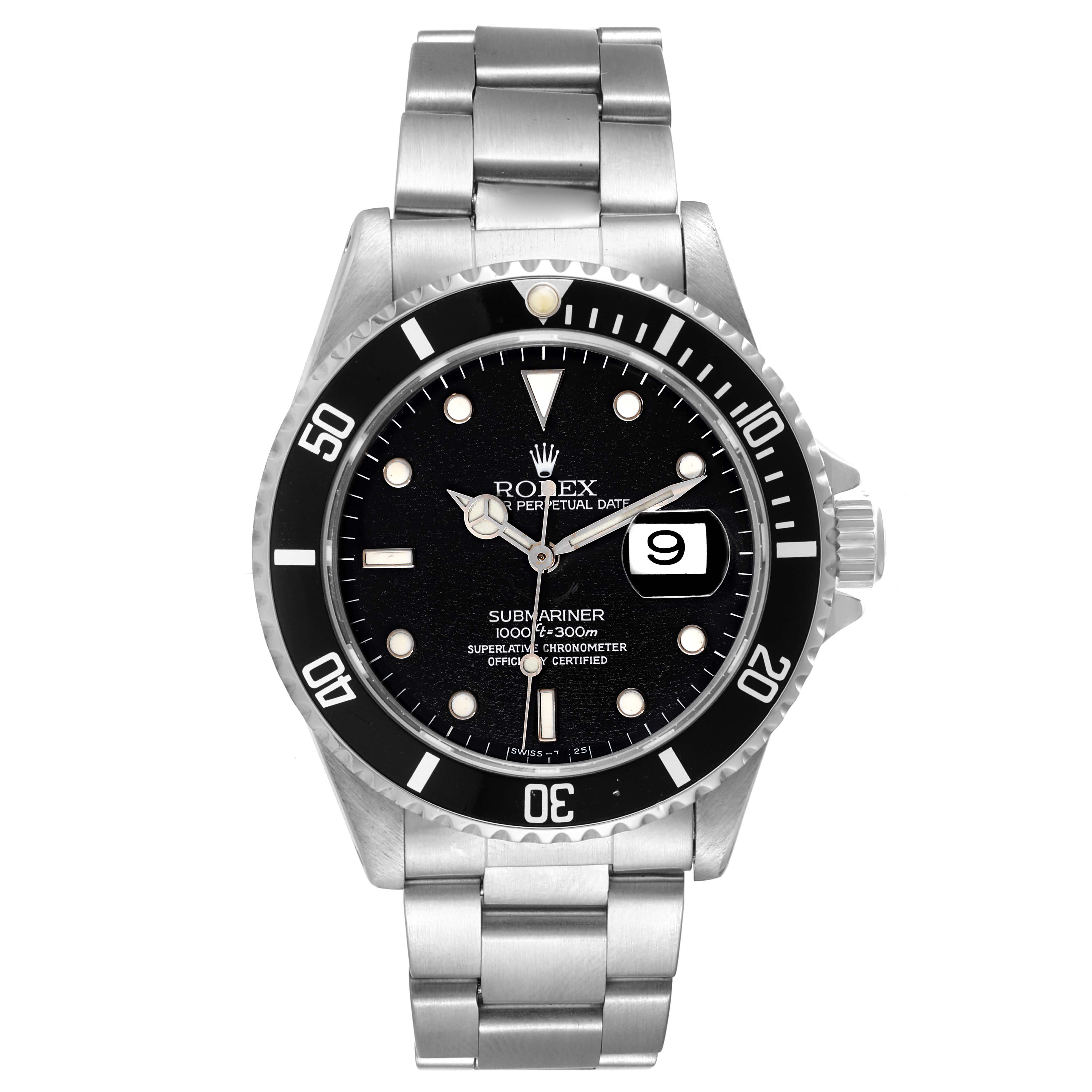 The image shows a front view of a Rolex Submariner 16610 Men
s Stainless Steel Black Dial 16610 Men
s Stainless Steel Black Dial watch, displaying its face, bezel, and bracelet clearly.