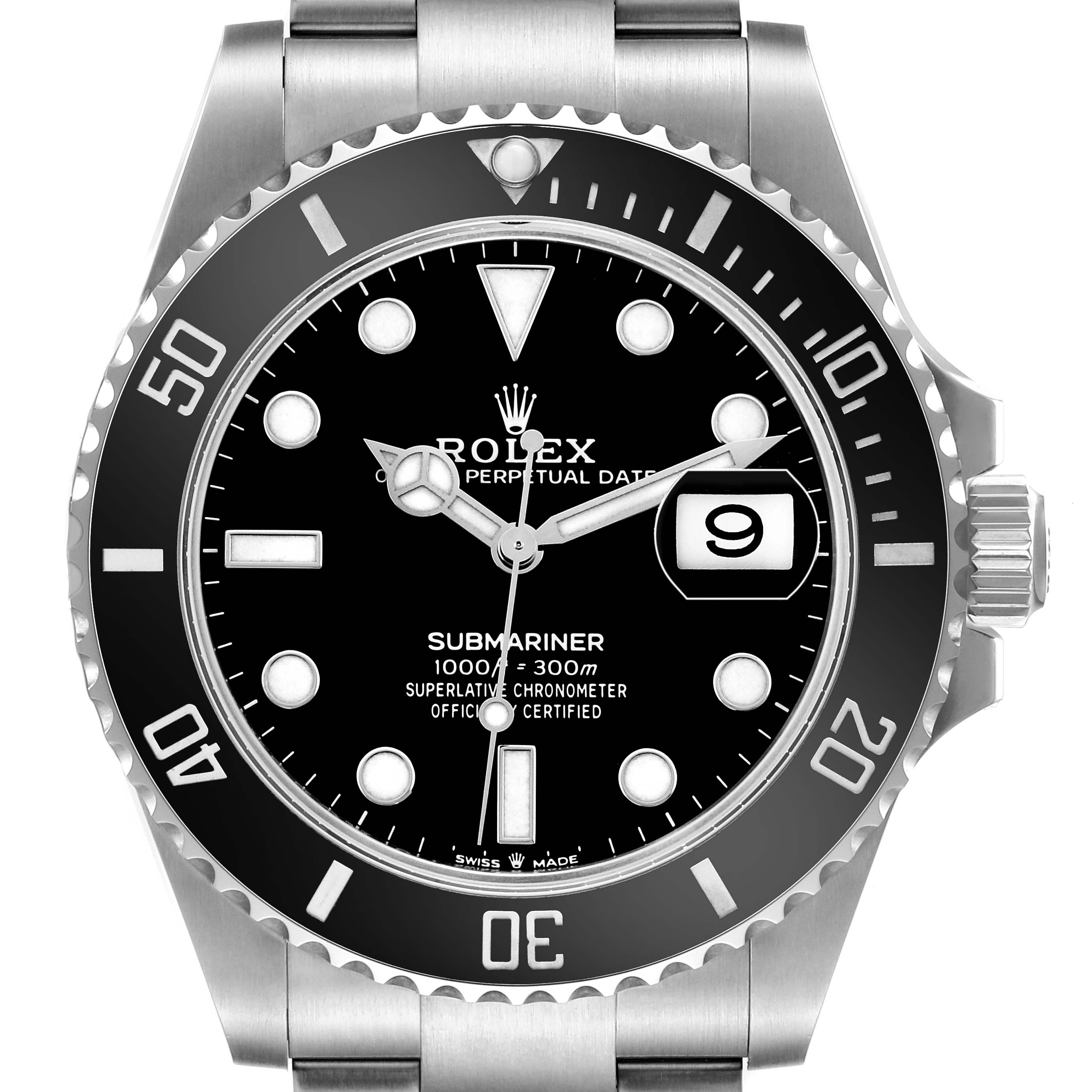 The image shows a front-facing view of a Rolex Submariner 126610LN Men's Stainless Steel Black Dial watch, highlighting the dial, bezel, crown, and part of the bracelet.