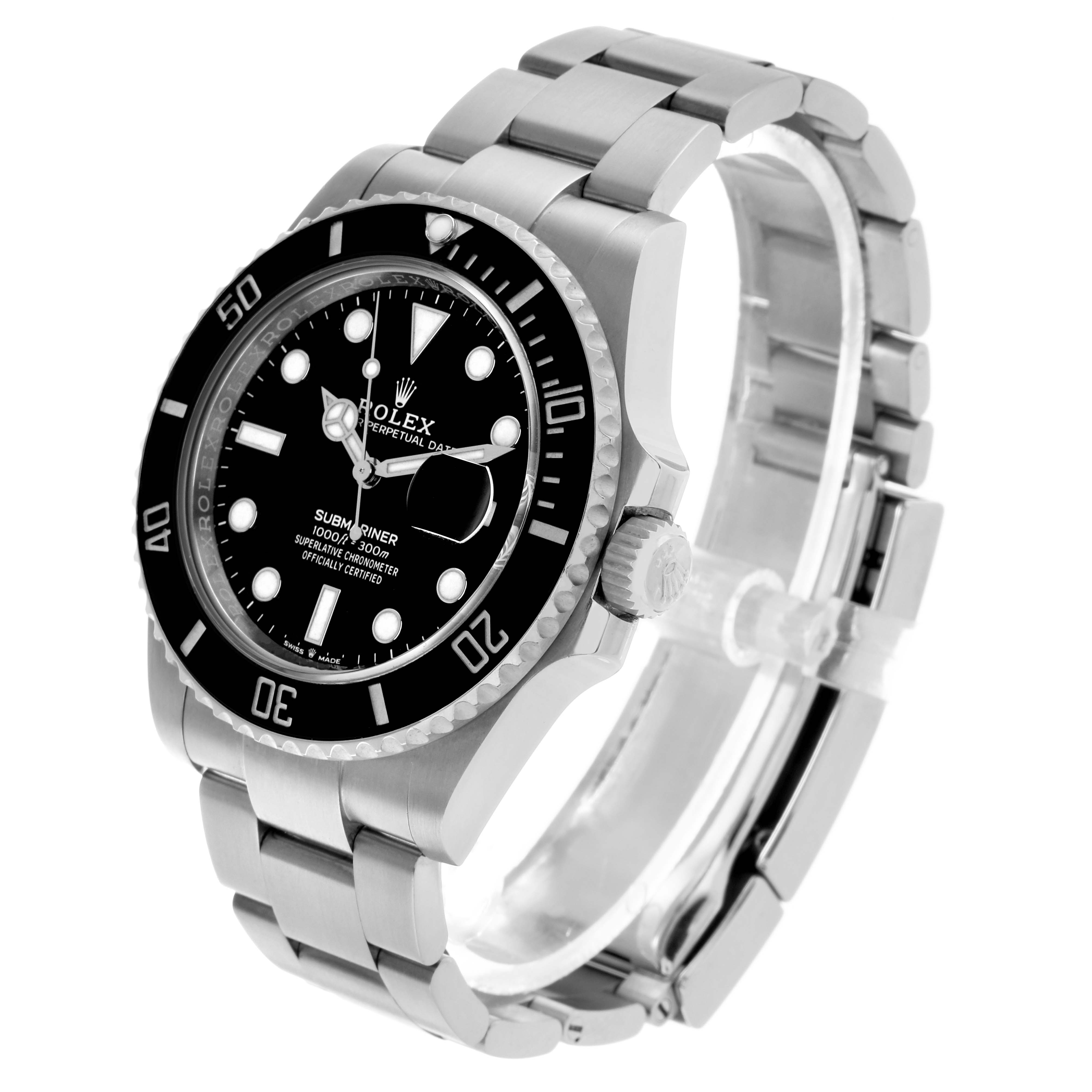 The Rolex Submariner 126610LN Men's Stainless Steel Black Dial is shown at a three-quarter angle, displaying the bezel, dial, crown, and bracelet.
