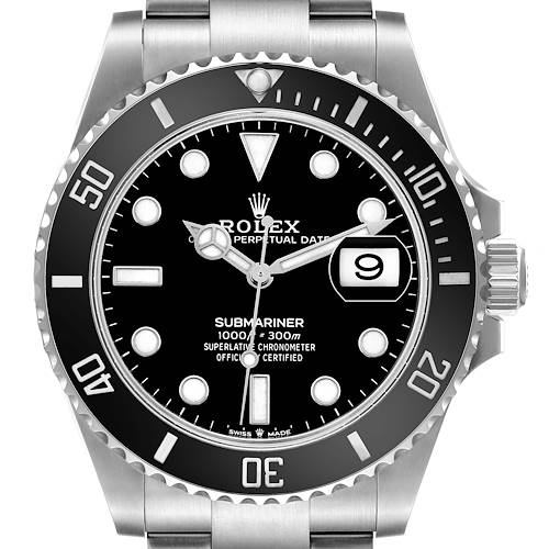 The Rolex Submariner 126610LN Men's Stainless Steel Black Dial watch is shown from a top-down angle, highlighting the dial, bezel, and part of the bracelet.