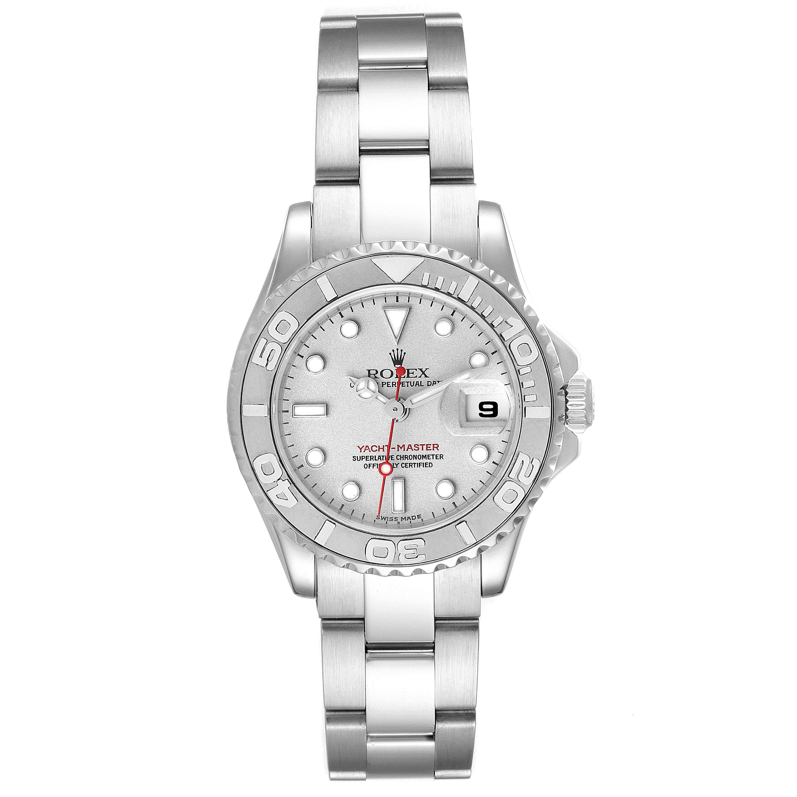 The image shows a front view of the Rolex Yacht-Master 169622 Women's Stainless Steel Silver Dial 169622 Women's Stainless Steel Silver Dial, displaying the face, bezel, crown, and metal bracelet.