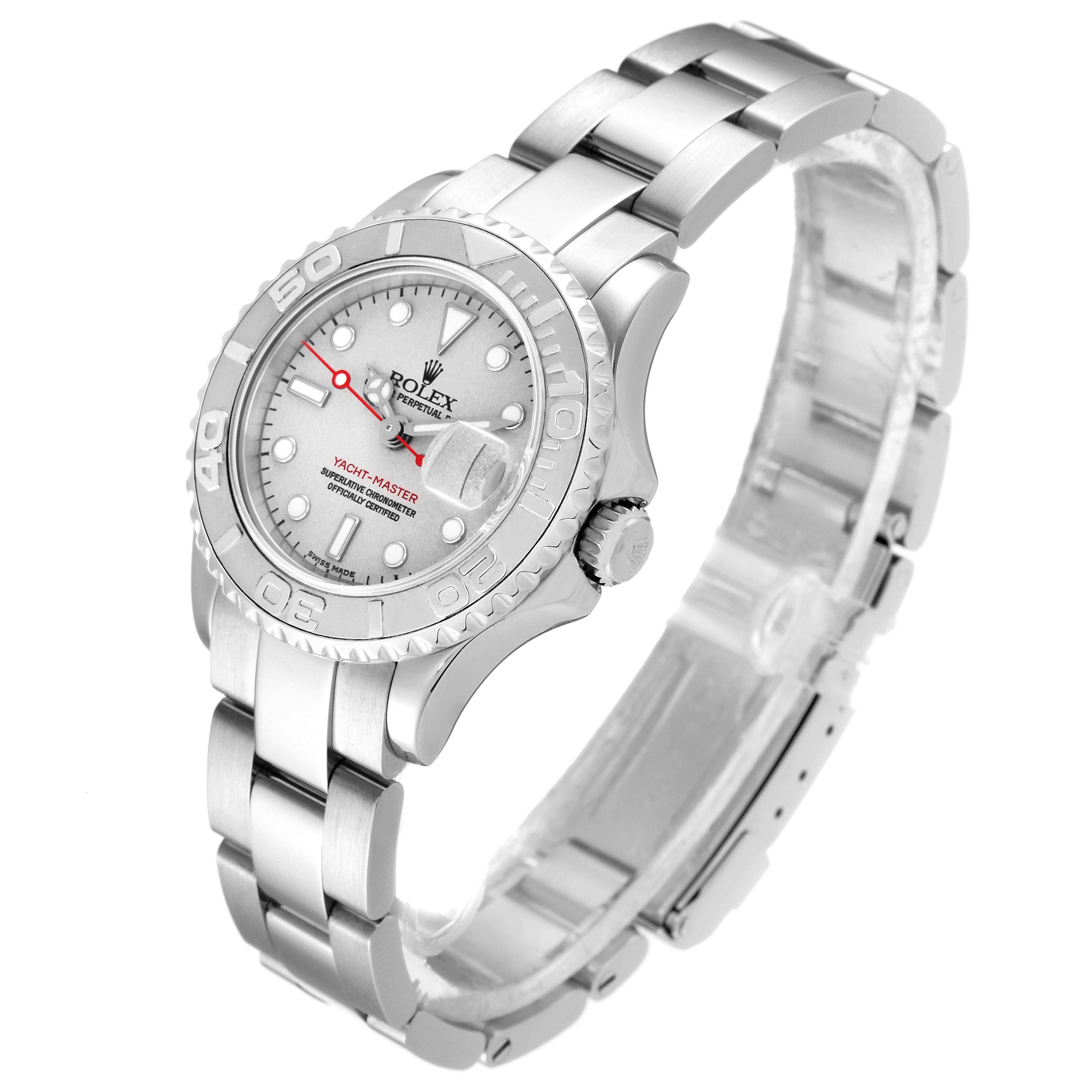 The image shows an angled view of a Rolex Yacht-Master 169622 Women's Stainless Steel Silver Dial 169622 Women's Stainless Steel Silver Dial watch, highlighting the case, dial, bezel, and the bracelet.