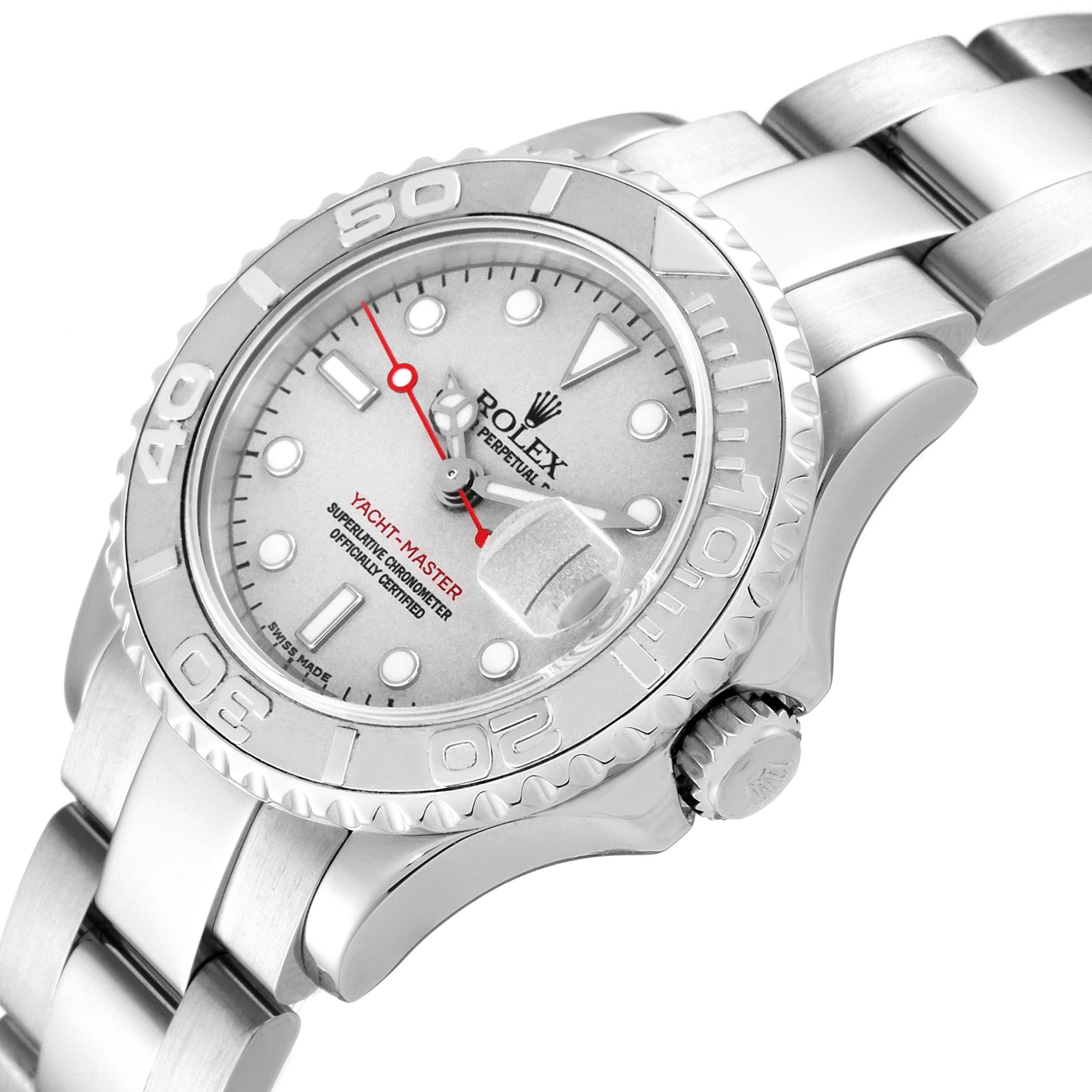 The Rolex Yacht-Master 169622 Women's Stainless Steel Silver Dial 169622 Women's Stainless Steel Silver Dial watch is shown from a front-side angle, highlighting the dial, bezel, and bracelet.
