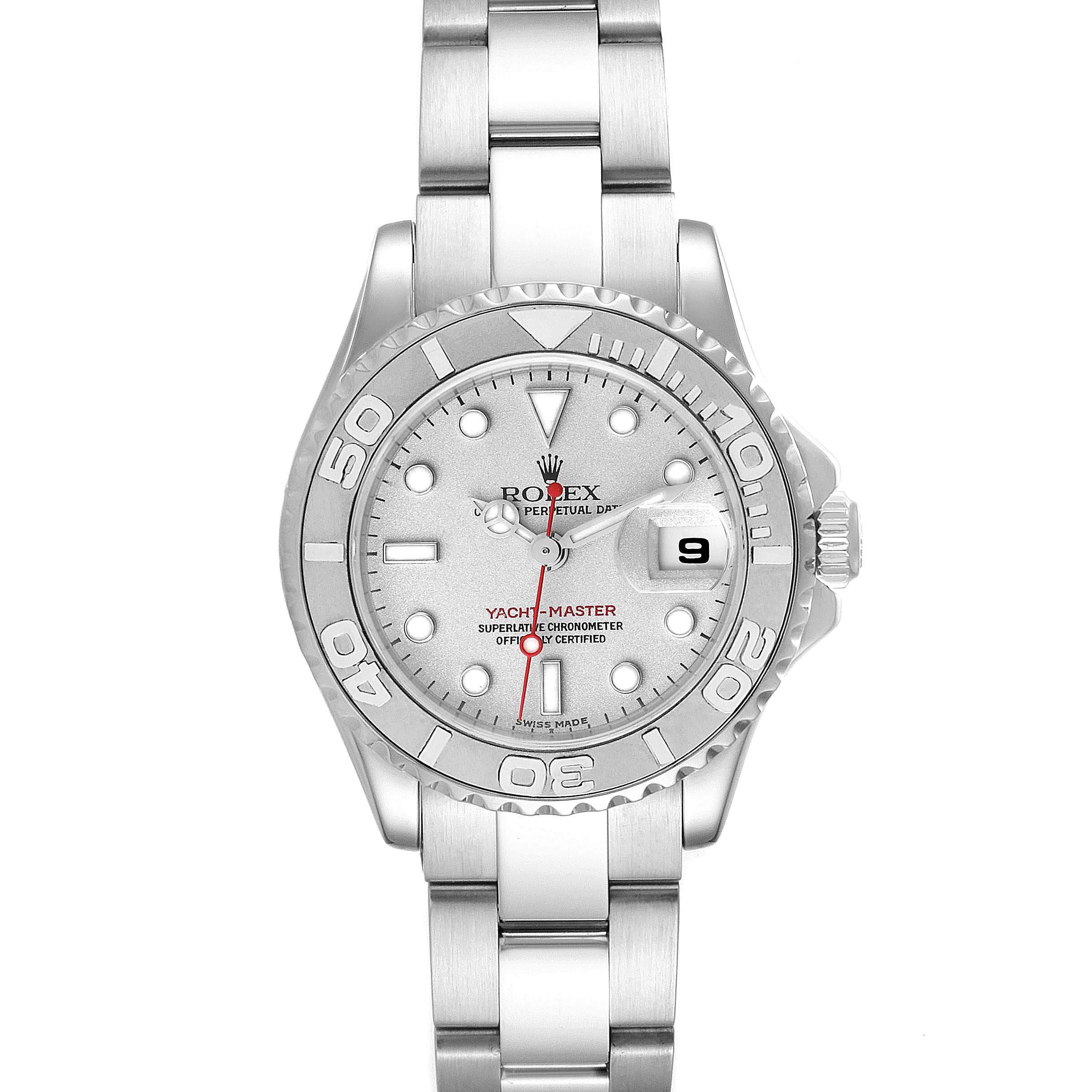 The Rolex Yacht-Master 169622 Women's Stainless Steel Silver Dial 169622 Women's Stainless Steel Silver Dial watch is shown from a straight-on angle, displaying the dial, bezel, hands, and crown.