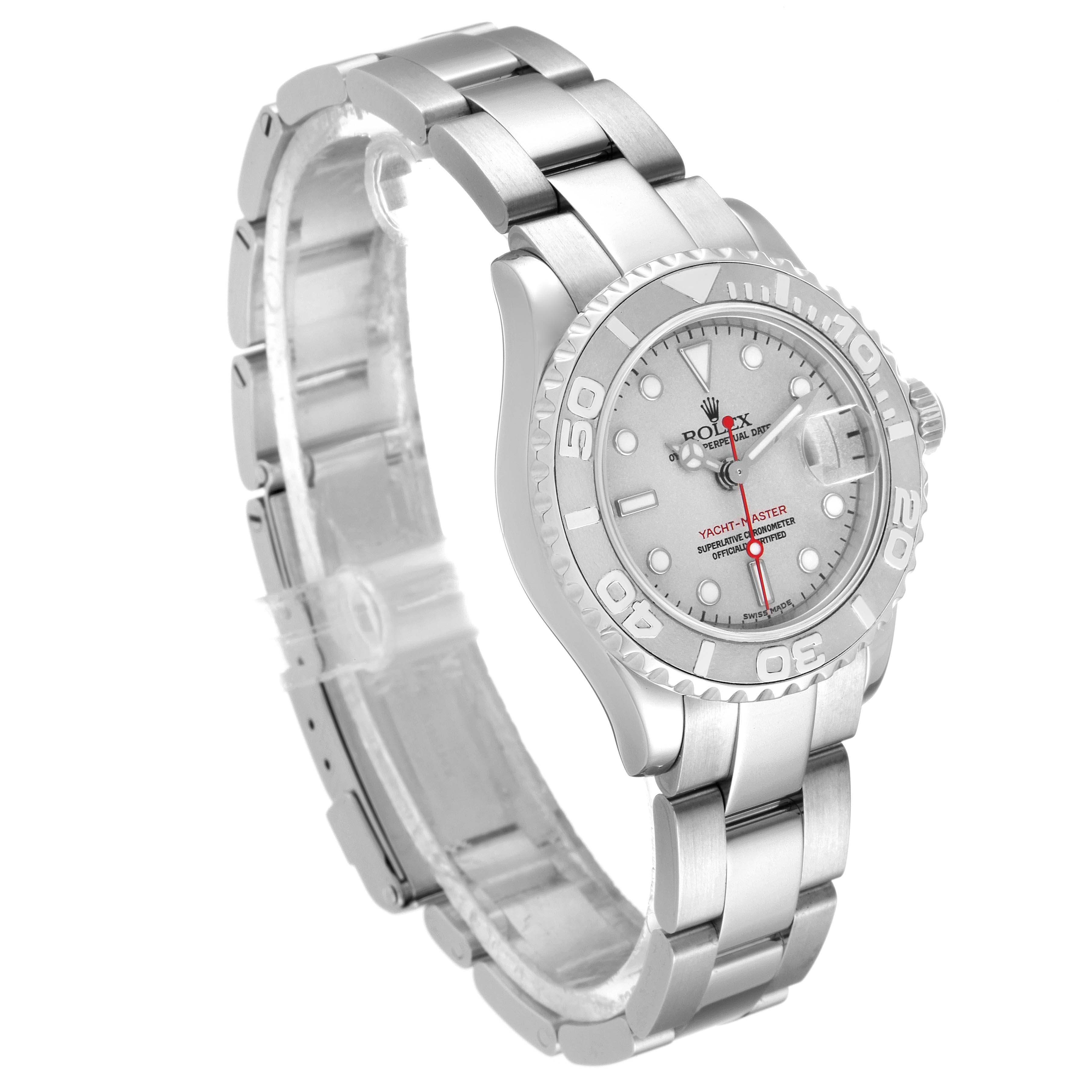 The Rolex Yacht-Master 169622 Women's Stainless Steel Silver Dial 169622 Women's Stainless Steel Silver Dial watch is shown at a three-quarter view, displaying its face, crown, and metallic bracelet.