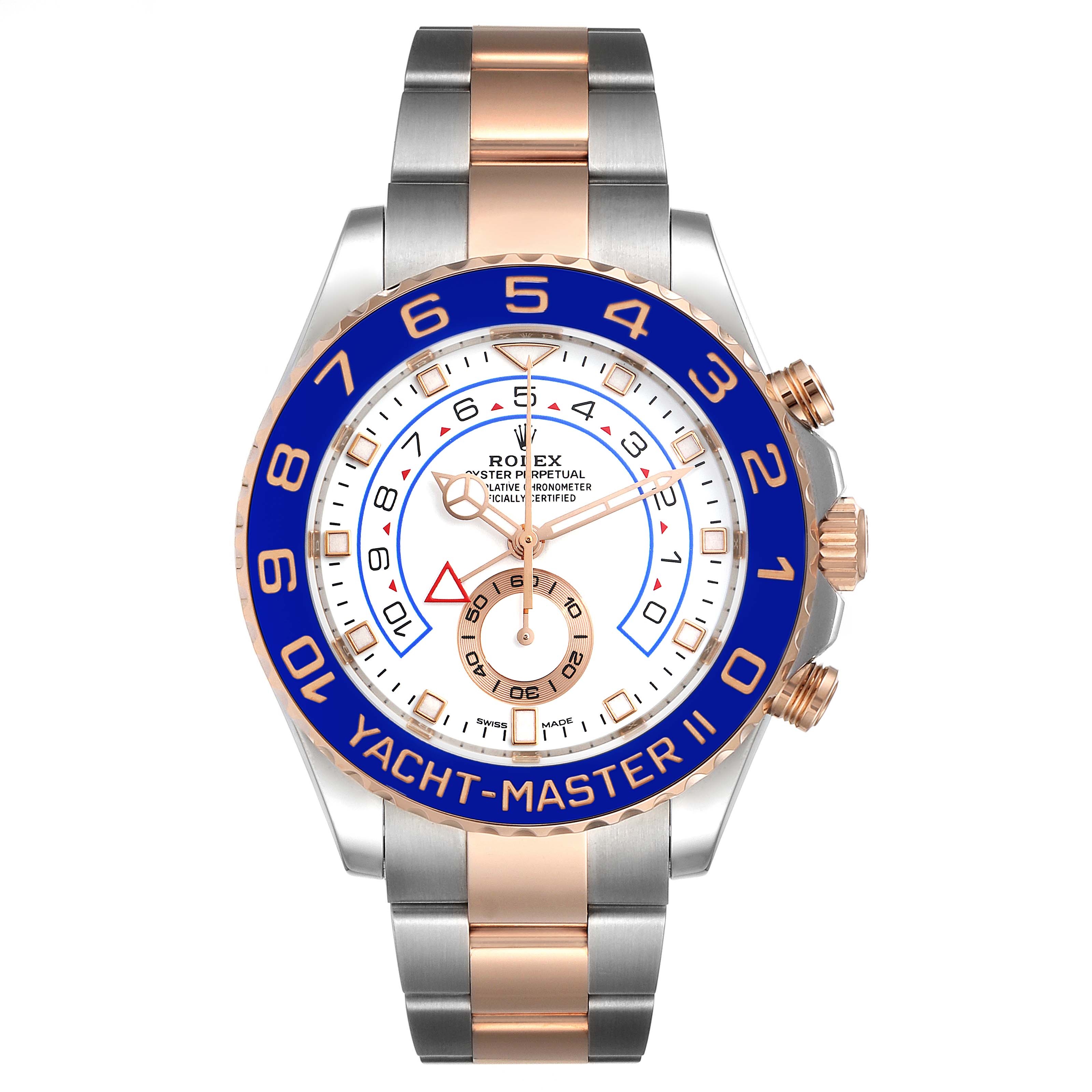 This image shows a front view of a Rolex Yacht-Master 116681 Men
s Steel and Gold (two tone) White Dial 116681 Men
s Steel and Gold (two tone) White Dial II watch, highlighting its face, bezel, and two-tone bracelet.