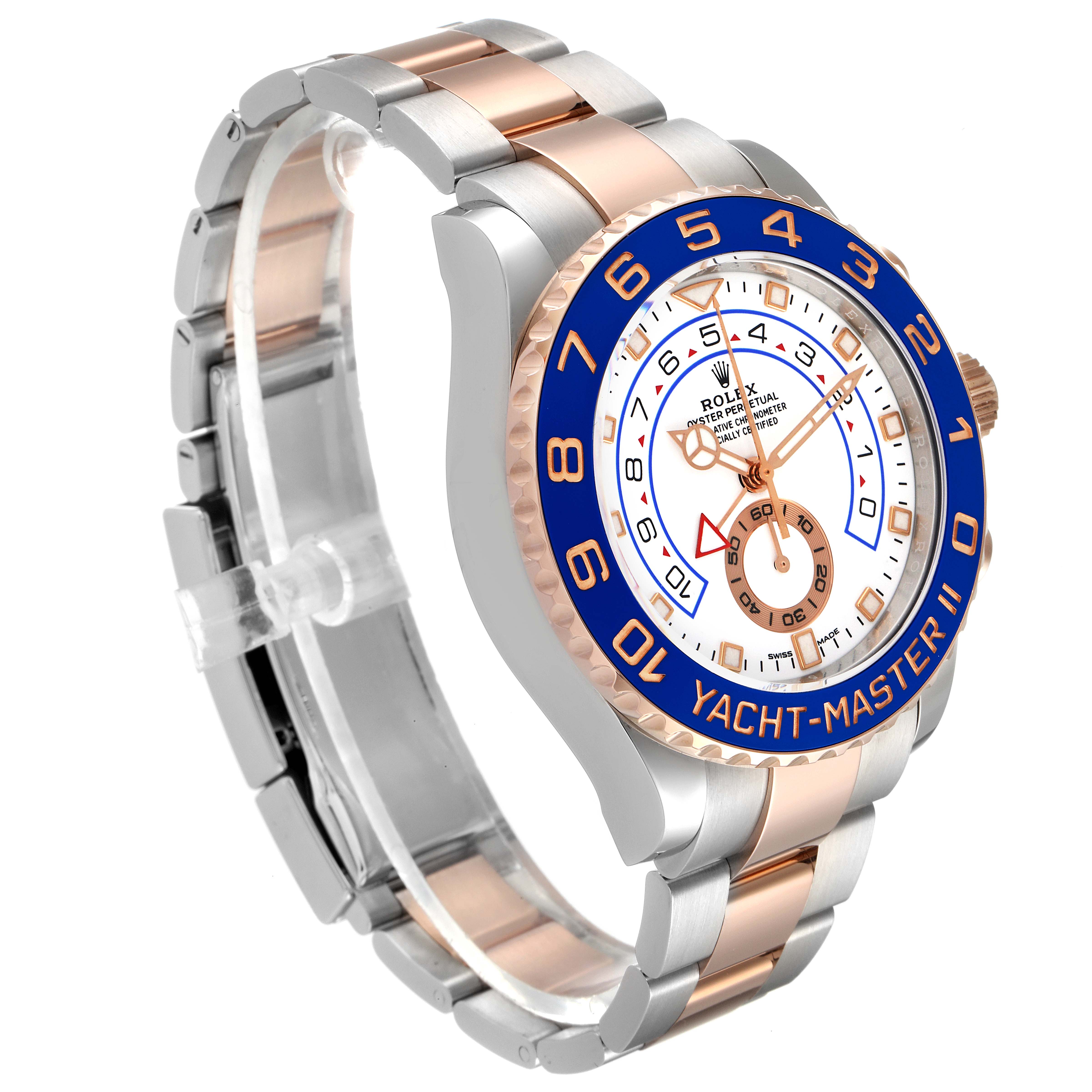 This image shows a Rolex Yacht-Master 116681 Men
s Steel and Gold (two tone) White Dial 116681 Men
s Steel and Gold (two tone) White Dial II watch from an angled side view, highlighting the face, bezel, crown, and bracelet.