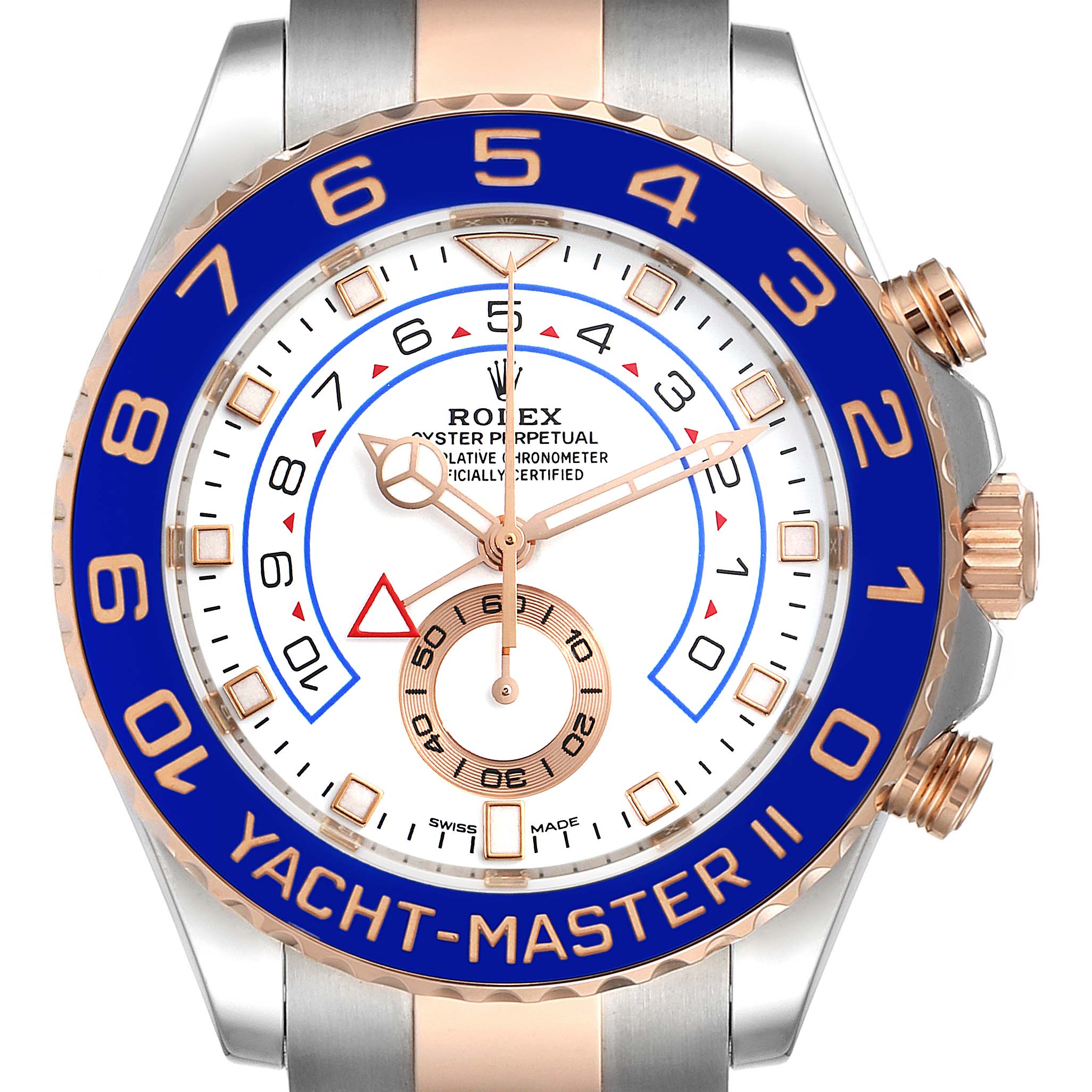 The image shows a front-facing view of a Rolex Yacht-Master 116681 Men
s Steel and Gold (two tone) White Dial 116681 Men
s Steel and Gold (two tone) White Dial II watch, highlighting its bezel, dial, and case.