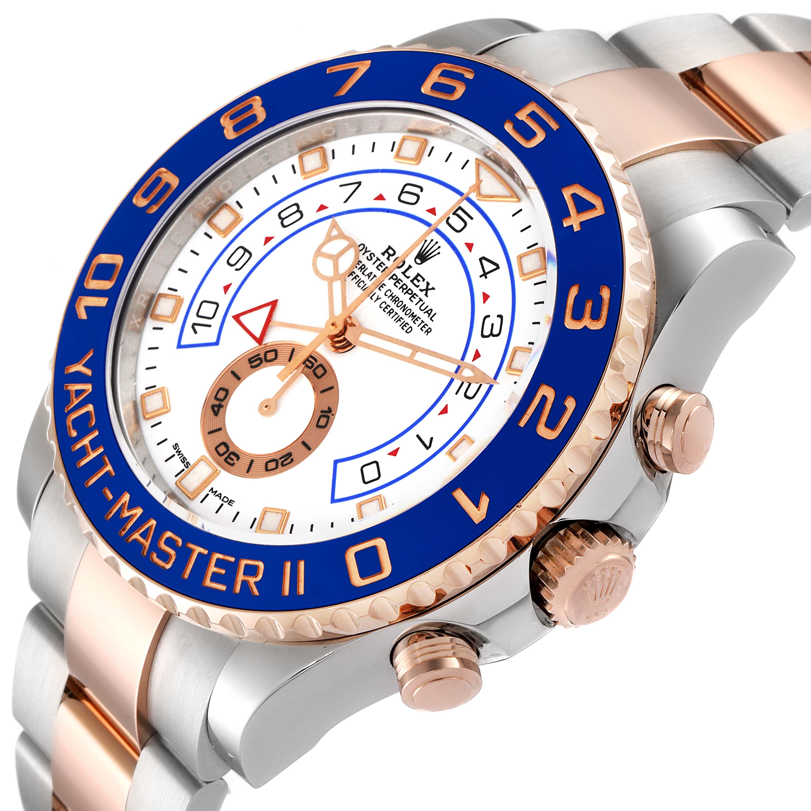 The Rolex Yacht-Master 116681 Men
s Steel and Gold (two tone) White Dial 116681 Men
s Steel and Gold (two tone) White Dial watch is shown at an angle highlighting the bezel, dial, and parts of the bracelet.