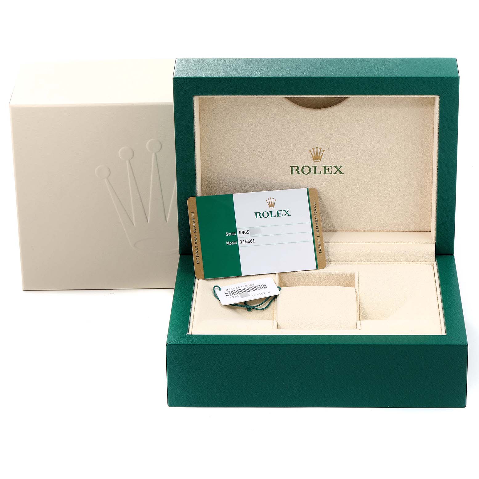 The image shows a Rolex Yacht-Master 116681 Men
s Steel and Gold (two tone) White Dial 116681 Men
s Steel and Gold (two tone) White Dial
s green watch box, warranty card, and tag from a front-facing angle.
