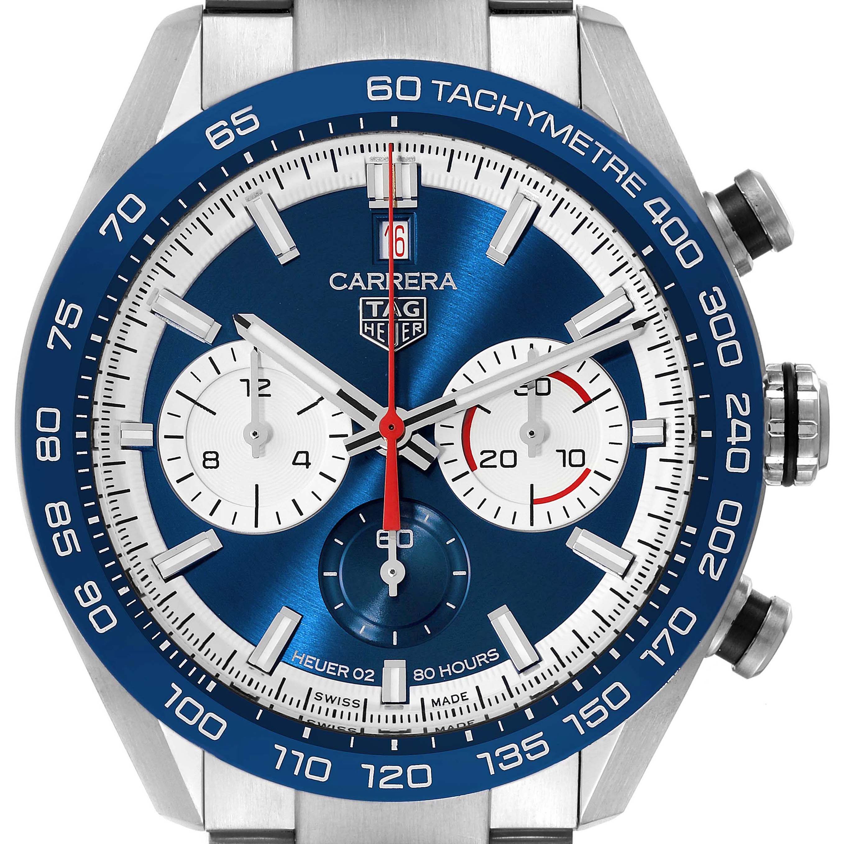 The image shows a front view of the Tag Heuer Carrera CBN2A1E.BA0643 Men's Stainless Steel Blue Dial CBN2A1E.BA0643 Men's Stainless Steel Blue Dial watch with a blue bezel and three subdials.