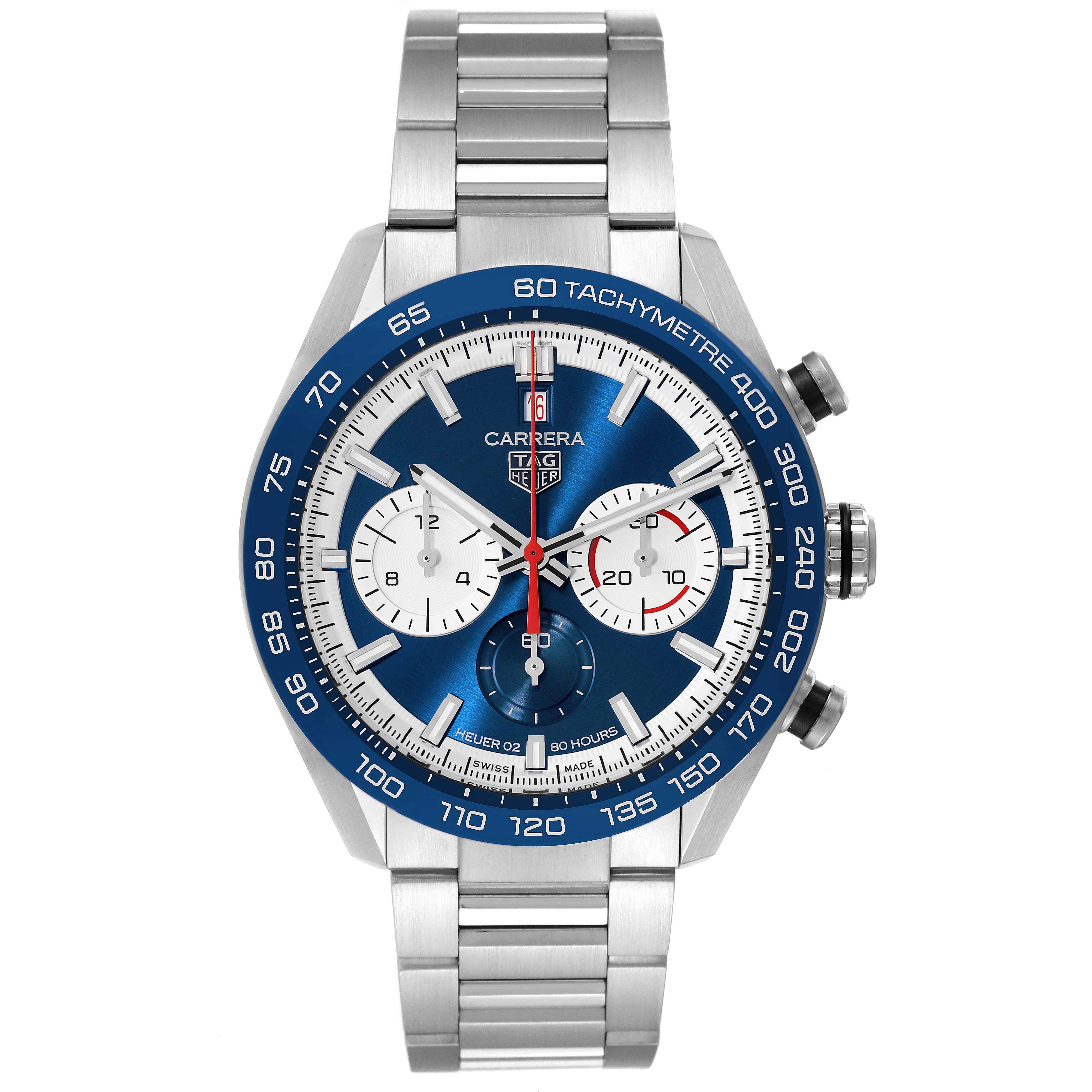 The Tag Heuer Carrera CBN2A1E.BA0643 Men's Stainless Steel Blue Dial CBN2A1E.BA0643 Men's Stainless Steel Blue Dial watch is shown from the front, highlighting its dial, bezel, and metal bracelet.