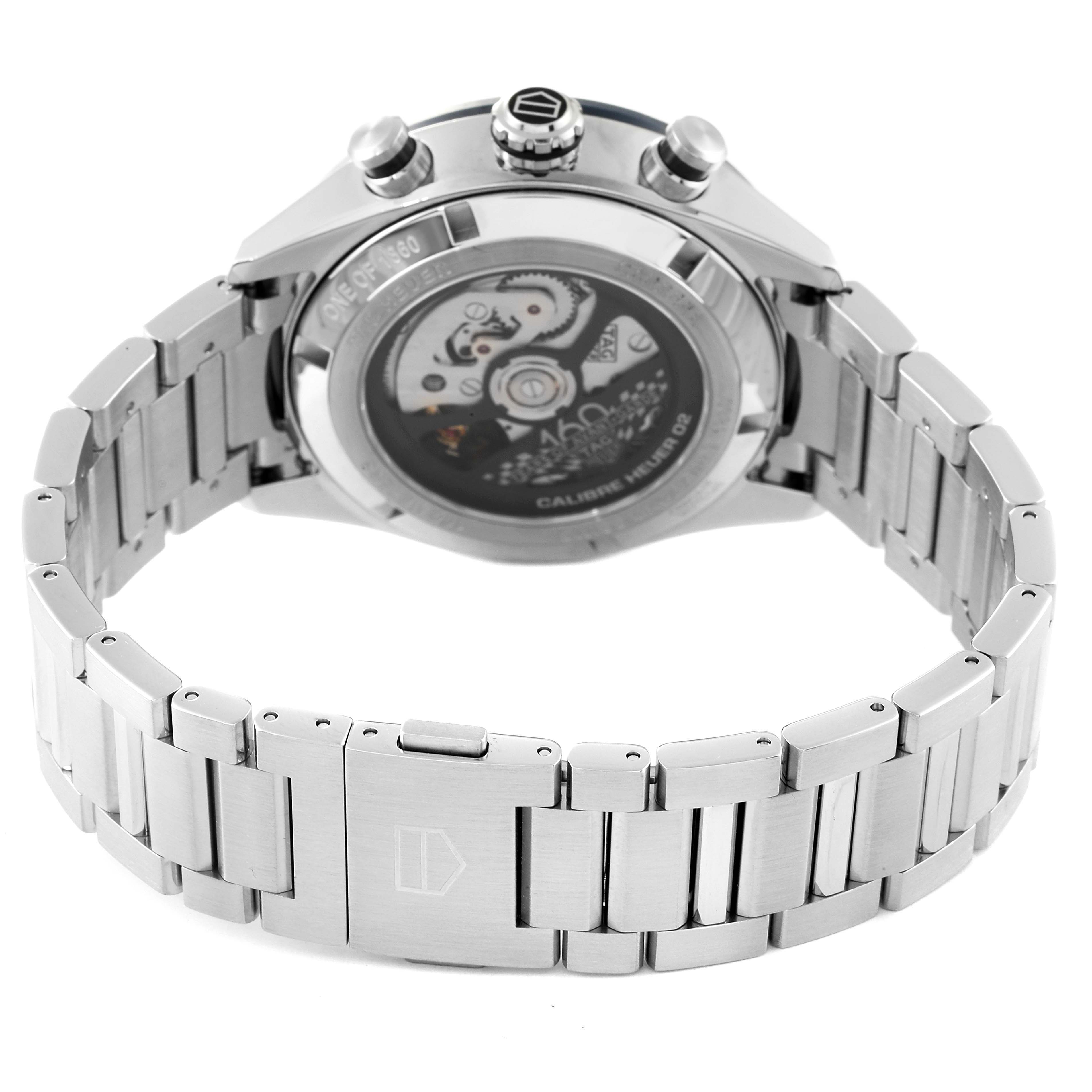 This image shows the rear view and bracelet of a Tag Heuer Carrera CBN2A1E.BA0643 Men's Stainless Steel Blue Dial CBN2A1E.BA0643 Men's Stainless Steel Blue Dial watch, highlighting the movement and clasp.