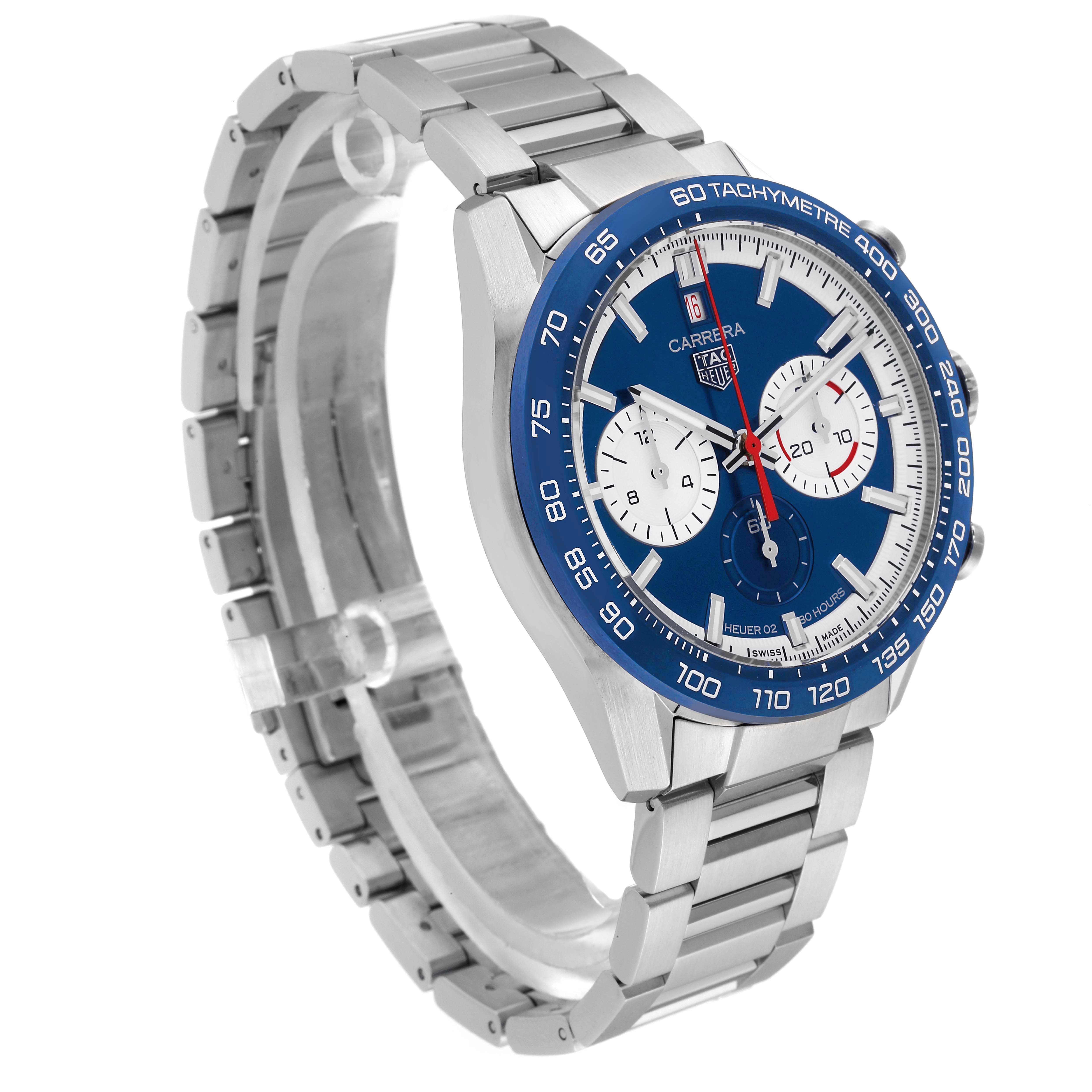 The image shows a Tag Heuer Carrera CBN2A1E.BA0643 Men's Stainless Steel Blue Dial CBN2A1E.BA0643 Men's Stainless Steel Blue Dial watch angled to display the face, bezel, and part of the bracelet.