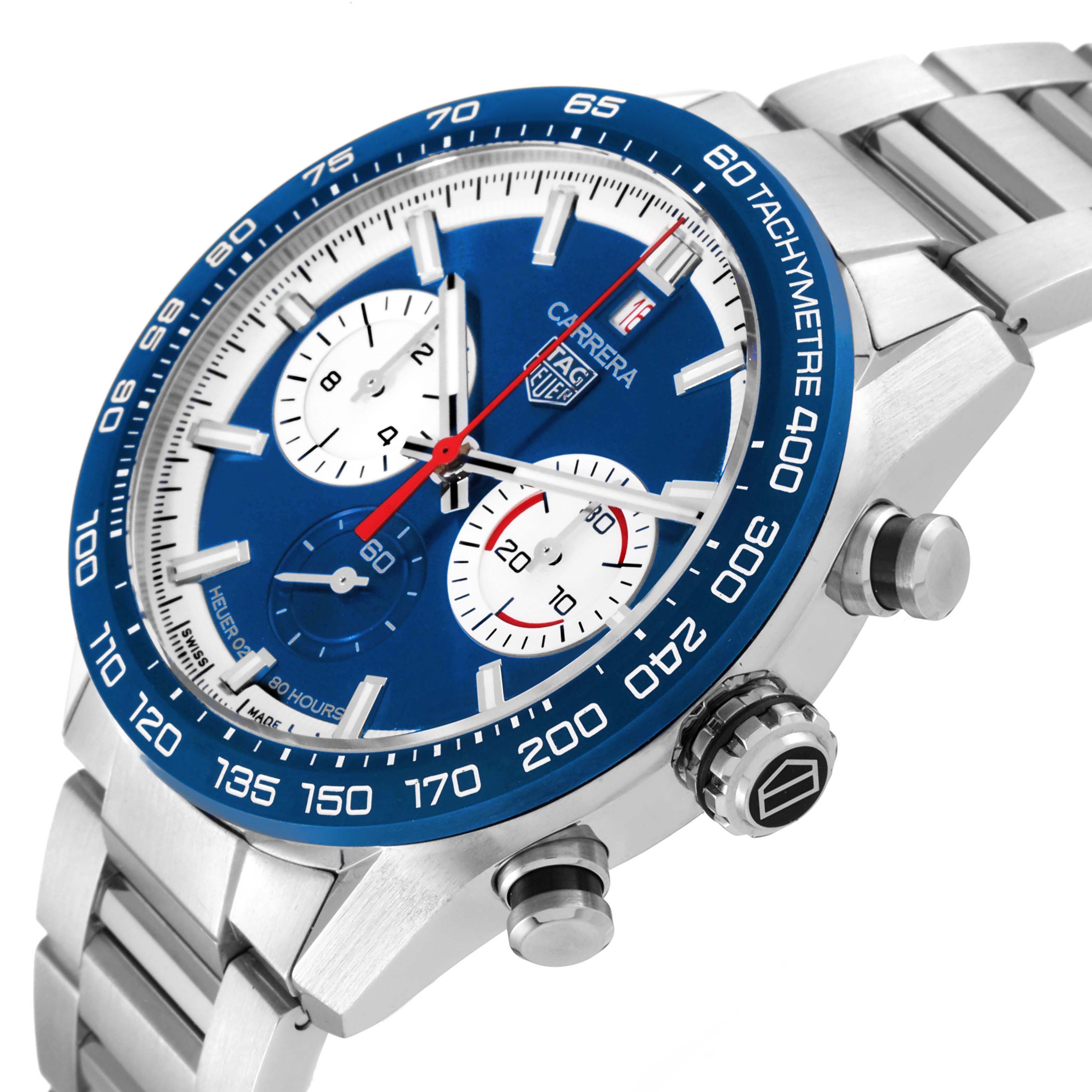 This Tag Heuer Carrera CBN2A1E.BA0643 Men's Stainless Steel Blue Dial CBN2A1E.BA0643 Men's Stainless Steel Blue Dial watch is shown at an angle highlighting the blue dial, tachymeter bezel, pushers, and part of the bracelet.
