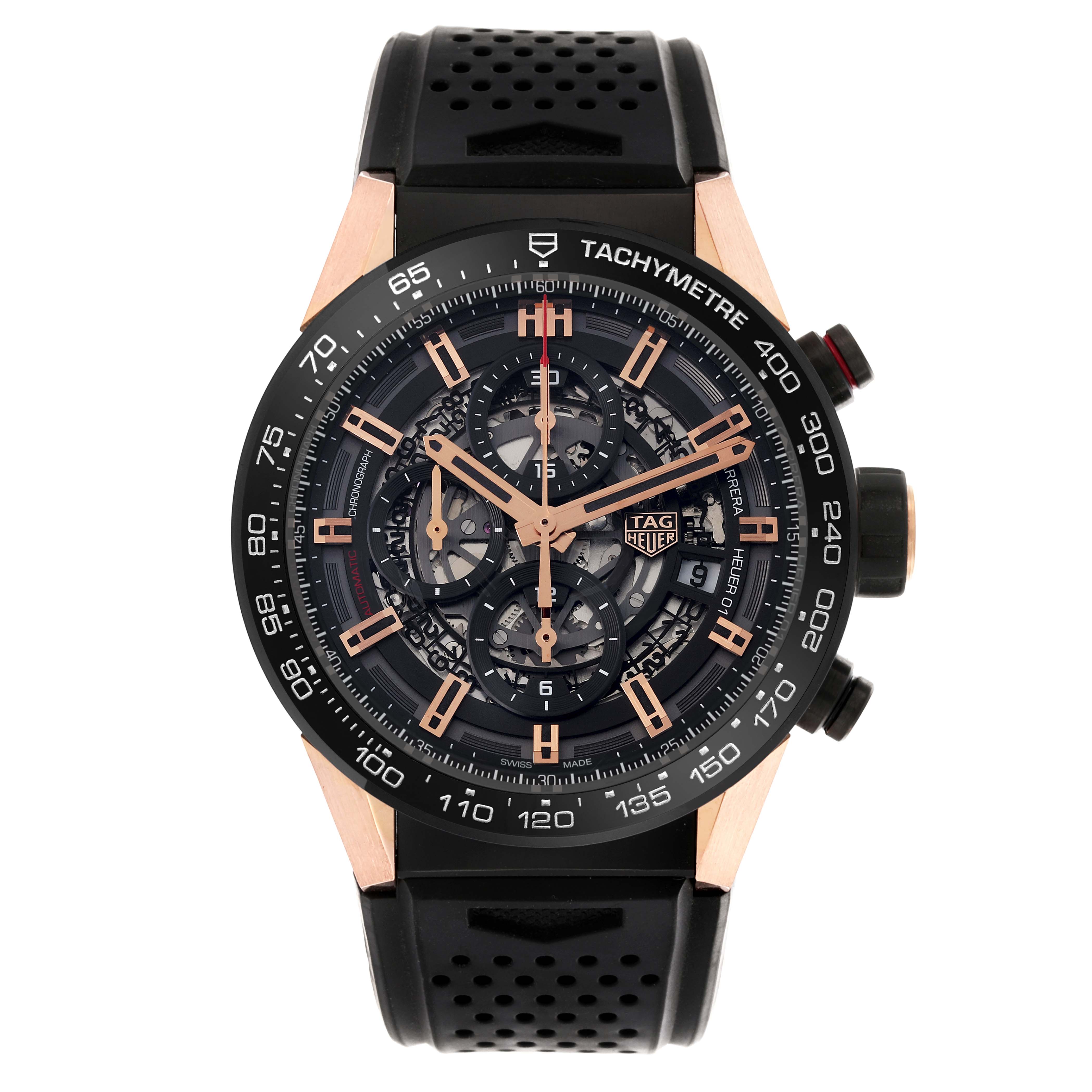 The Tag Heuer Carrera CAR205A.FT6087 Men's Stainless Steel Transparent Dial CAR205A.FT6087 Men's Stainless Steel Transparent Dial watch is shown from the front, highlighting its detailed dial, tachymetric bezel, and pushers.