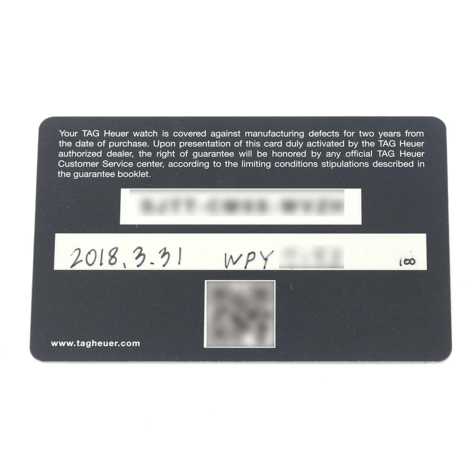 The image shows a warranty card for the Tag Heuer Carrera CAR205A.FT6087 Men's Stainless Steel Transparent Dial CAR205A.FT6087 Men's Stainless Steel Transparent Dial watch, displaying the purchase date and other details.
