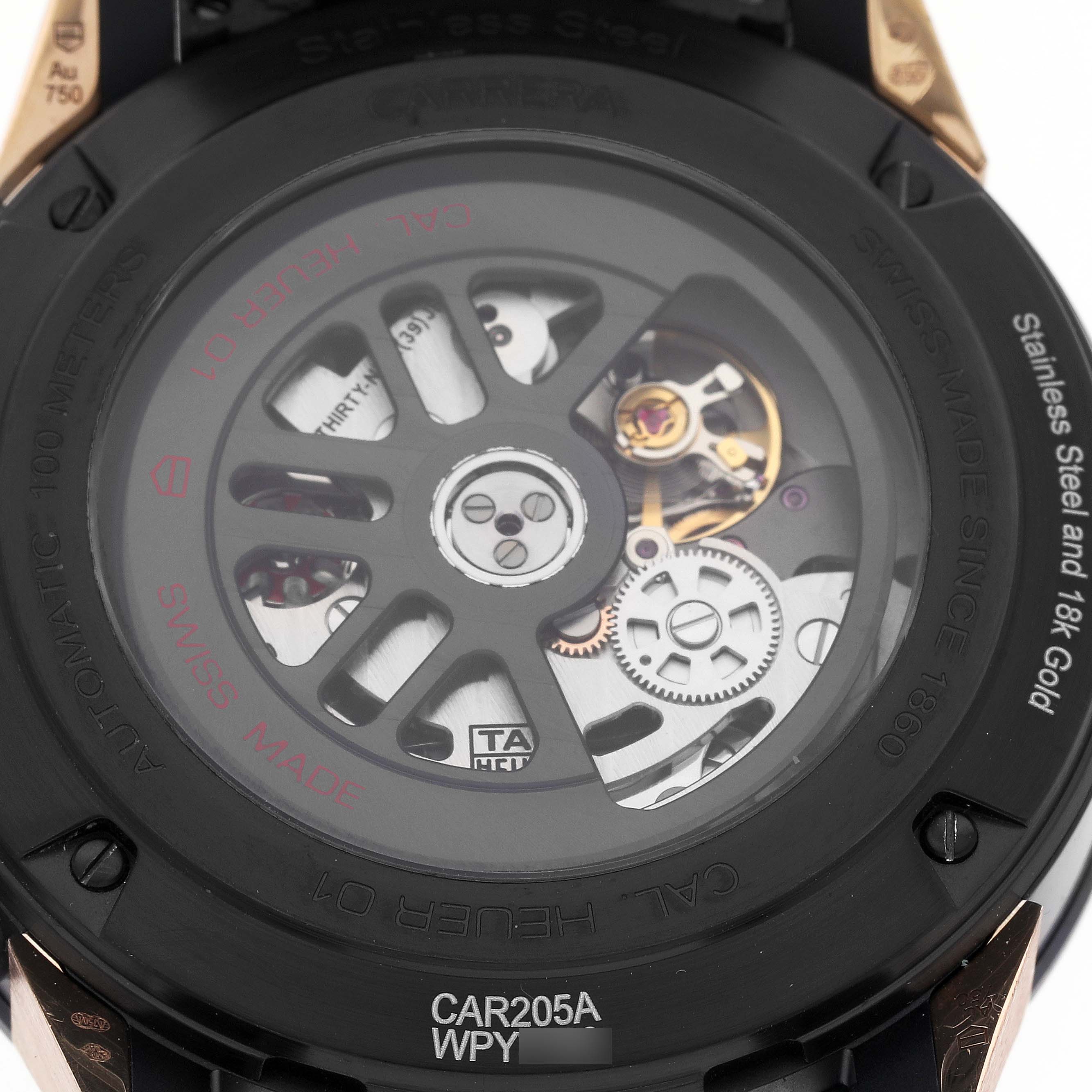 The image shows the rear view of a Tag Heuer Carrera CAR205A.FT6087 Men's Stainless Steel Transparent Dial CAR205A.FT6087 Men's Stainless Steel Transparent Dial watch, highlighting the exposed automatic movement and rotor.