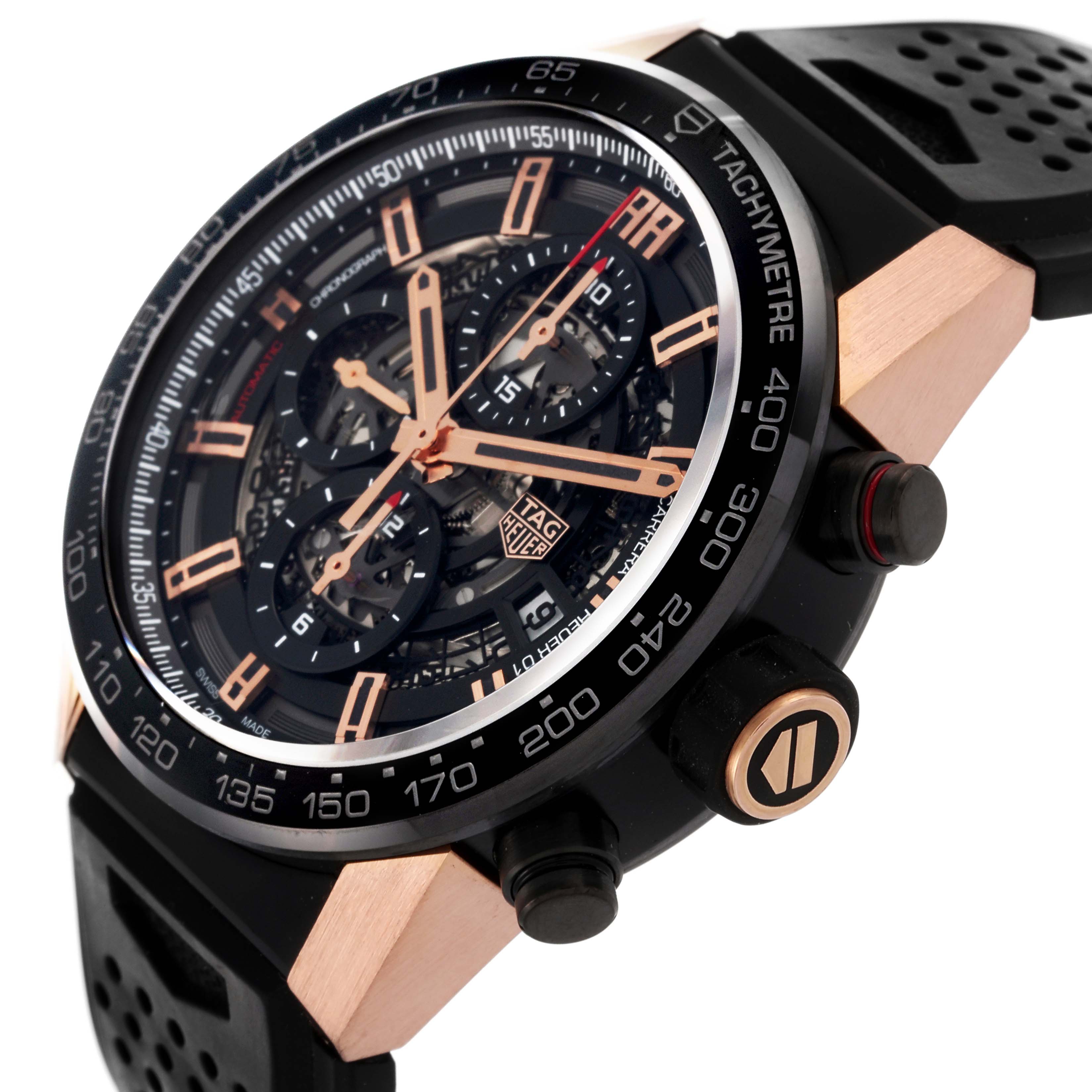 The Tag Heuer Carrera CAR205A.FT6087 Men's Stainless Steel Transparent Dial CAR205A.FT6087 Men's Stainless Steel Transparent Dial watch is shown at an angled close-up highlighting the dial, tachymeter bezel, crown, and pushers.