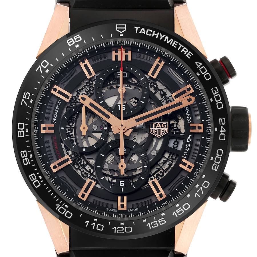 The image shows a frontal view of the Tag Heuer Carrera, highlighting its dial, tachymeter scale, and chronograph subdials.