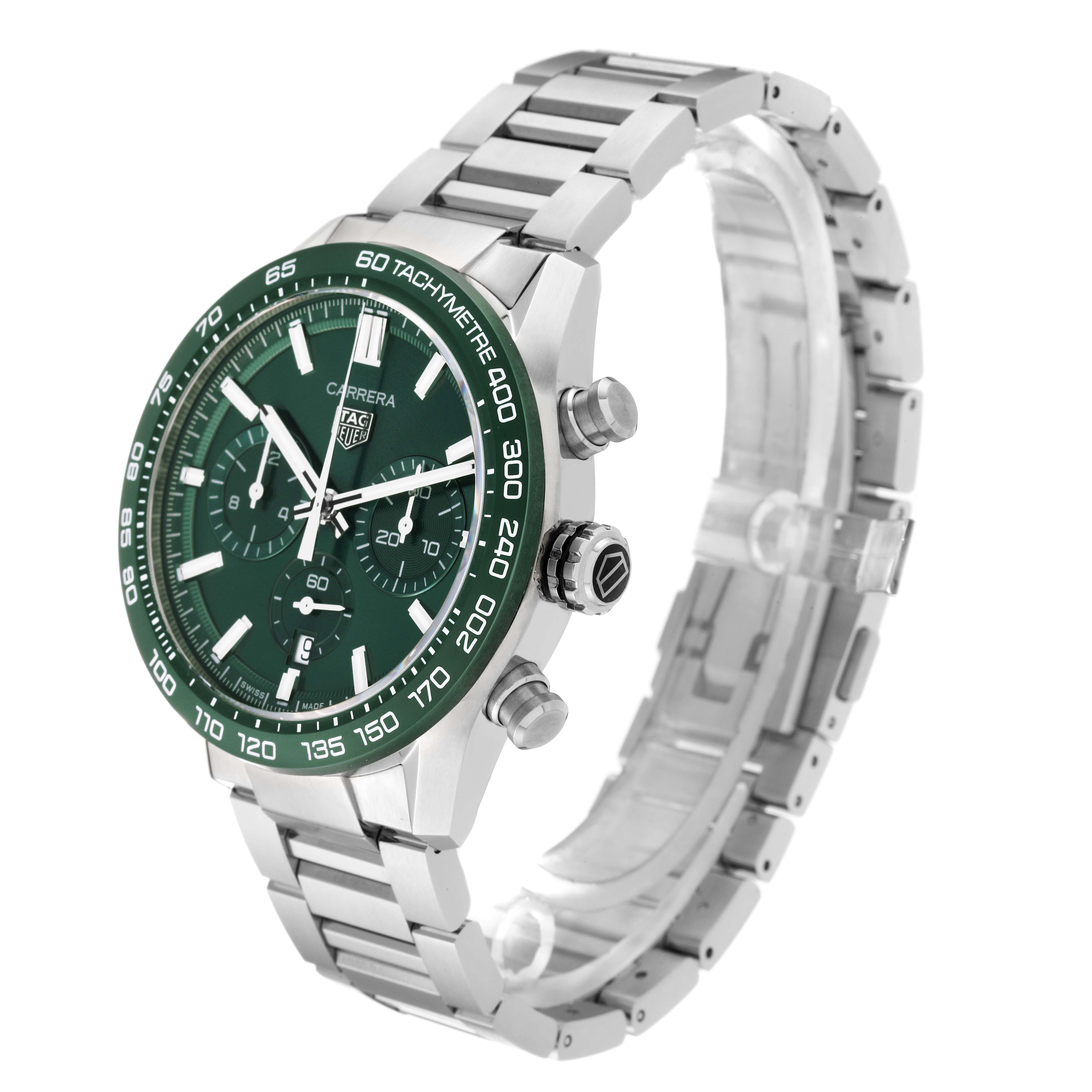 The image shows a Tag Heuer Carrera CBN2A1N.BA0643 Men's Stainless Steel Green Dial CBN2A1N.BA0643 Men's Stainless Steel Green Dial watch angled to display its face, side buttons, and part of the metal bracelet.