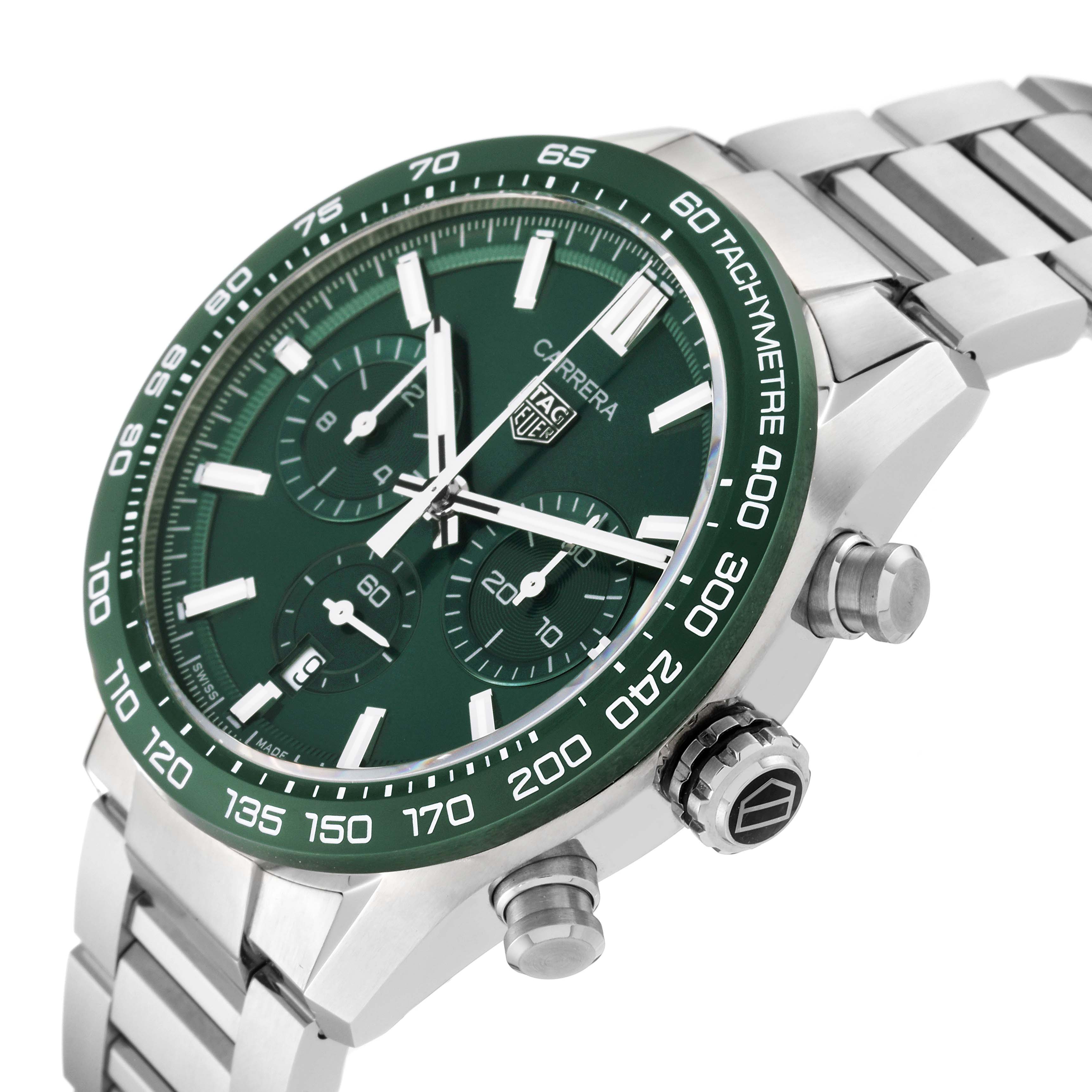 The image shows a close-up side angle of the Tag Heuer Carrera CBN2A1N.BA0643 Men's Stainless Steel Green Dial CBN2A1N.BA0643 Men's Stainless Steel Green Dial watch, highlighting the green dial, bezel, and stainless steel band.
