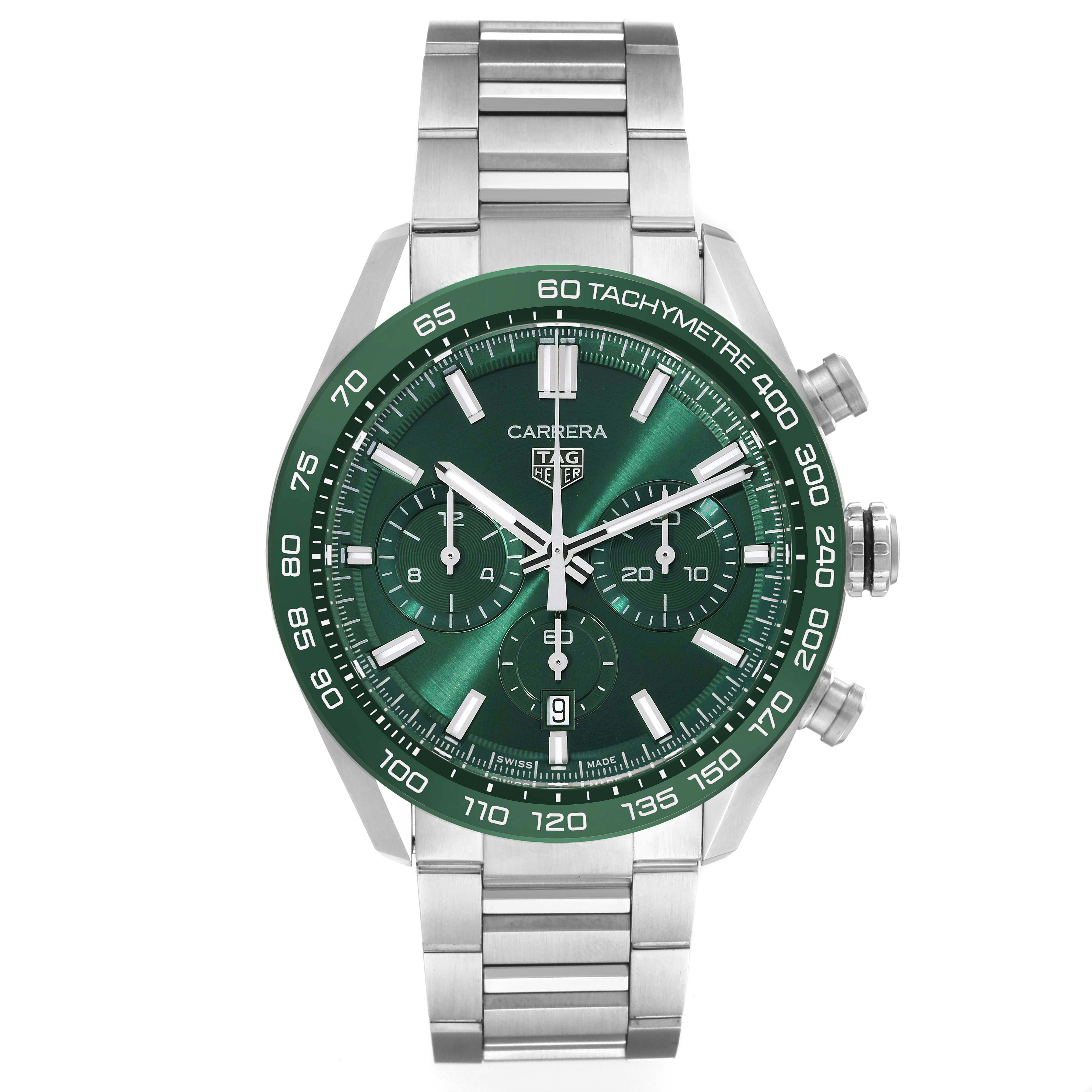 The image shows a front view of a Tag Heuer Carrera CBN2A1N.BA0643 Men's Stainless Steel Green Dial CBN2A1N.BA0643 Men's Stainless Steel Green Dial watch, highlighting its green dial and chronograph features.