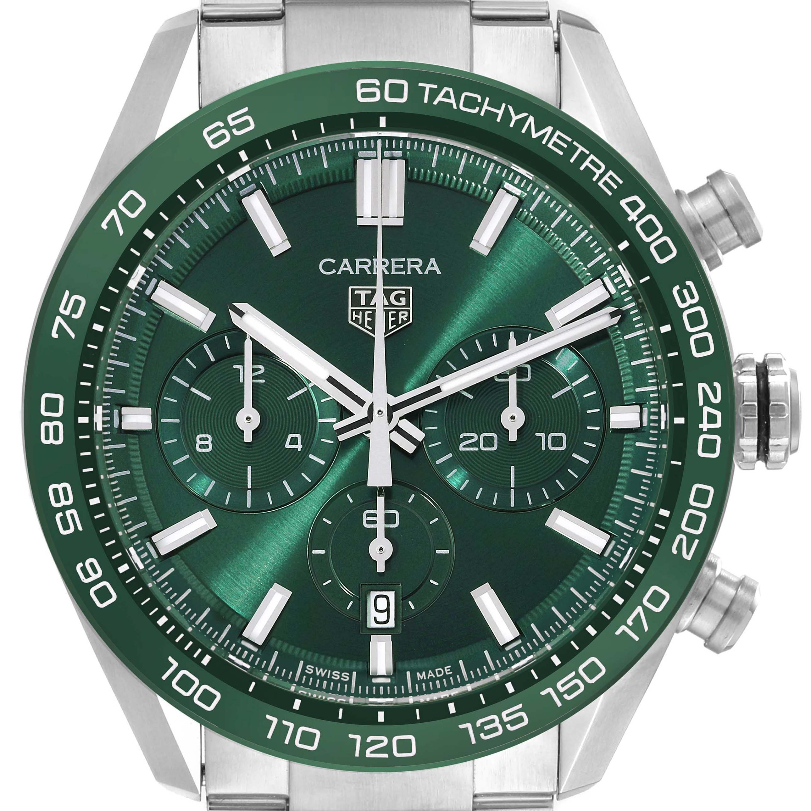 The image shows a front view of a Tag Heuer Carrera CBN2A1N.BA0643 Men's Stainless Steel Green Dial CBN2A1N.BA0643 Men's Stainless Steel Green Dial watch with a green dial and tachymeter bezel.