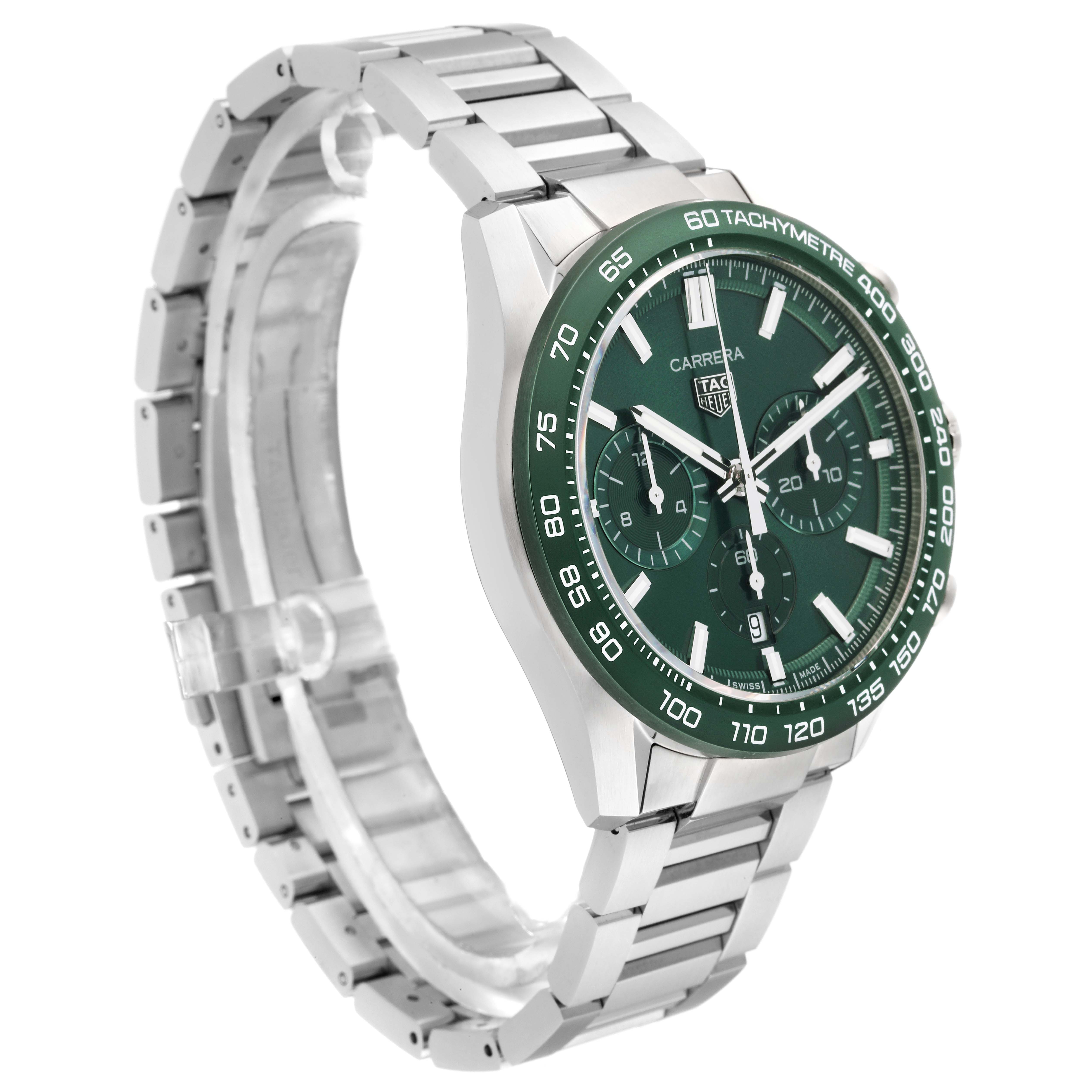 The image shows a Tag Heuer Carrera CBN2A1N.BA0643 Men's Stainless Steel Green Dial CBN2A1N.BA0643 Men's Stainless Steel Green Dial watch at a three-quarter angle, highlighting its green face, chronograph dials, and metal bracelet.
