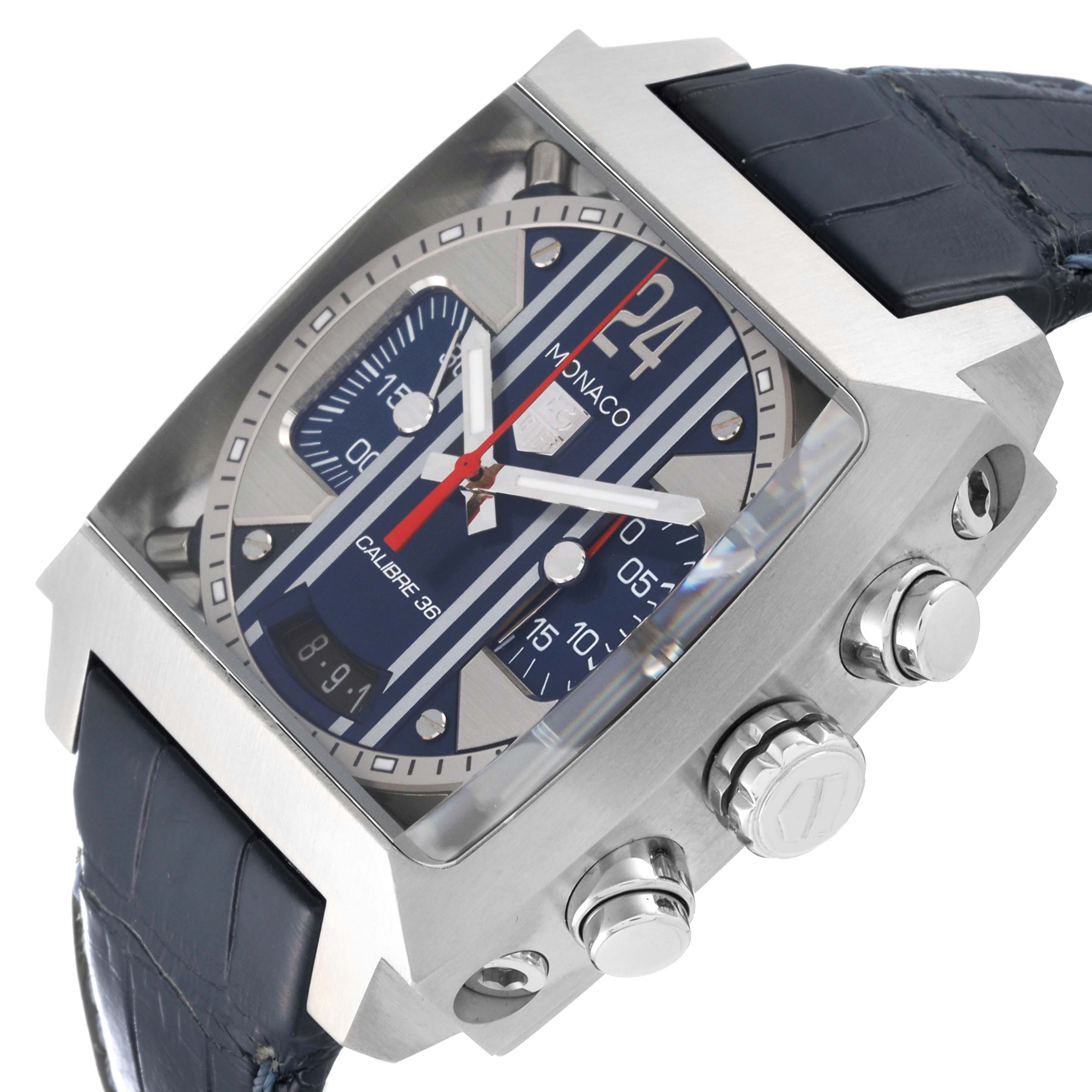The image shows a close-up of the Tag Heuer Monaco CAL5111.FC6299 Men's Stainless Steel Blue Dial CAL5111.FC6299 Men's Stainless Steel Blue Dial watch, highlighting its square face, side buttons, and crown.