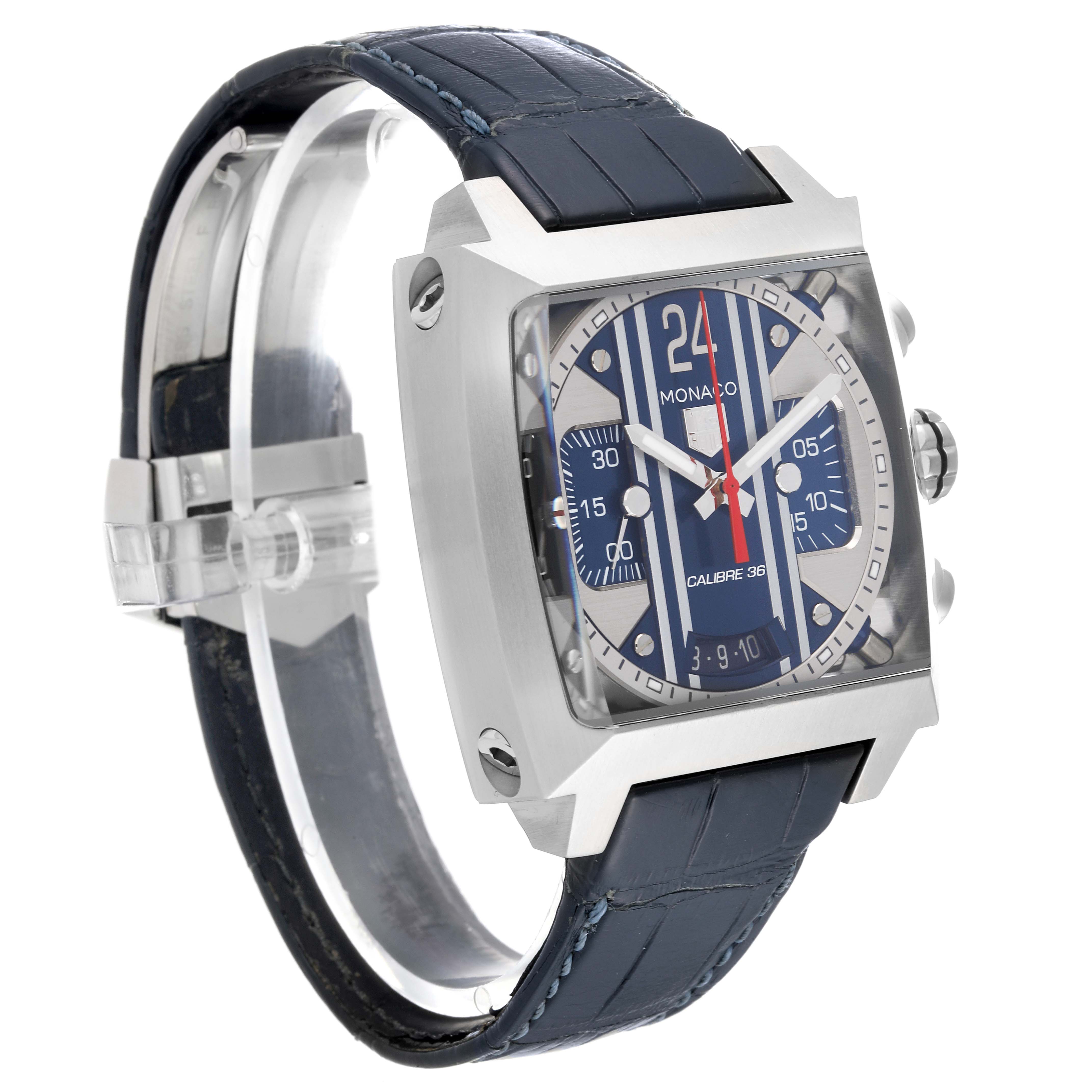 The image shows a side and front angle of the Tag Heuer Monaco CAL5111.FC6299 Men's Stainless Steel Blue Dial CAL5111.FC6299 Men's Stainless Steel Blue Dial watch, emphasizing its square case and blue leather strap.