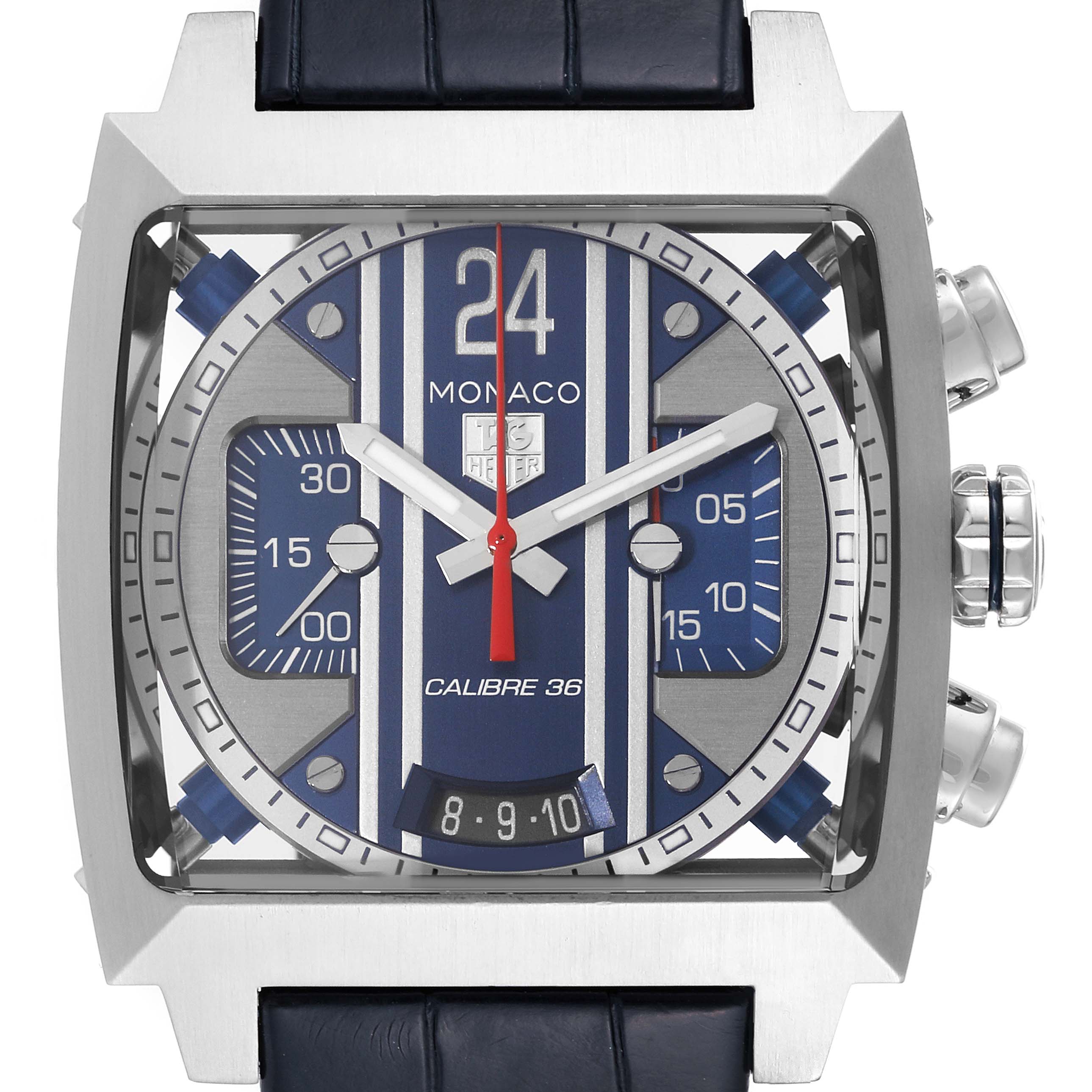 The image shows a frontal view of the Tag Heuer Monaco CAL5111.FC6299 Men's Stainless Steel Blue Dial CAL5111.FC6299 Men's Stainless Steel Blue Dial watch, highlighting its blue dial, chronograph sub-dials, and date display.