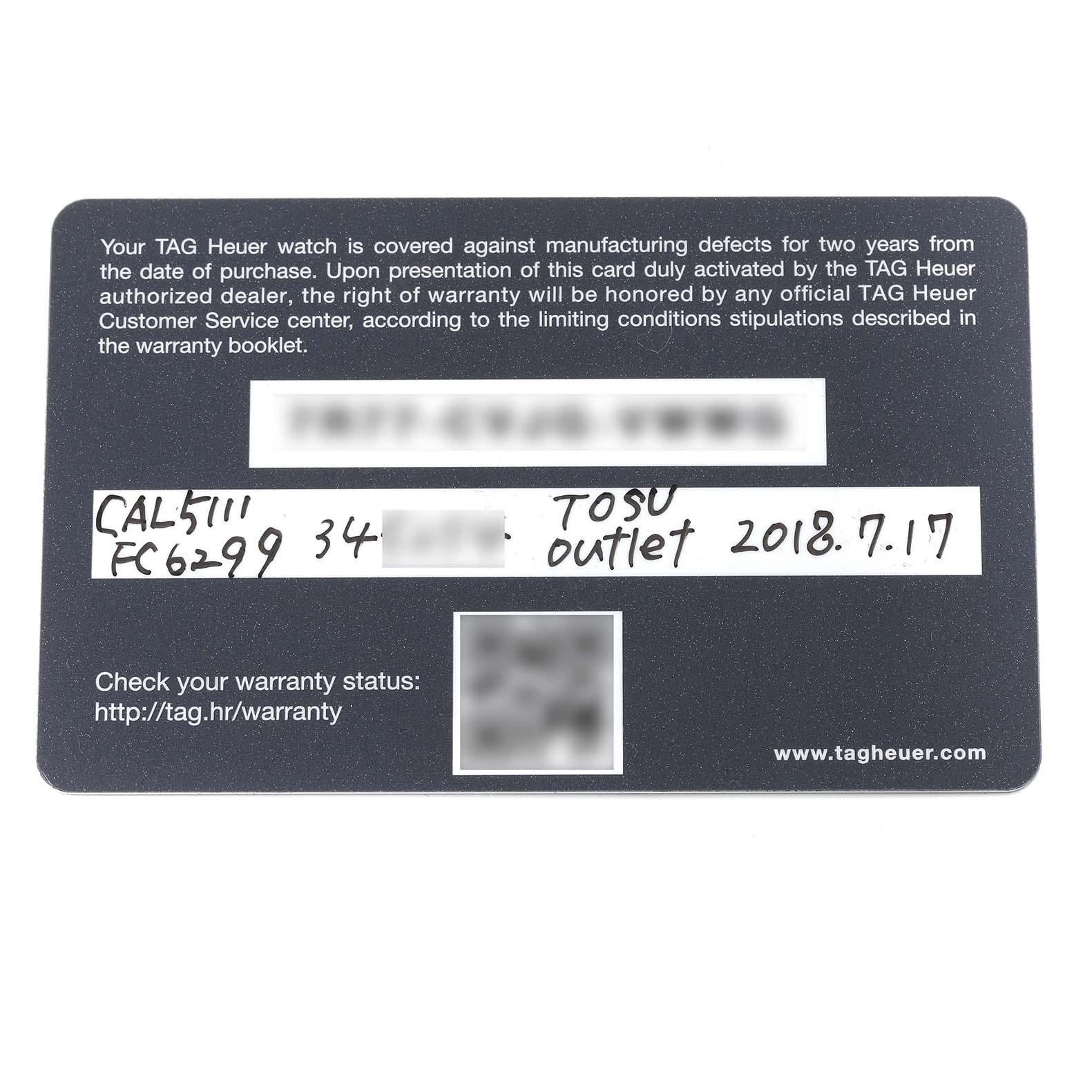 This is a warranty card for the Tag Heuer Monaco CAL5111.FC6299 Men's Stainless Steel Blue Dial CAL5111.FC6299 Men's Stainless Steel Blue Dial watch model, showing purchase and warranty details.