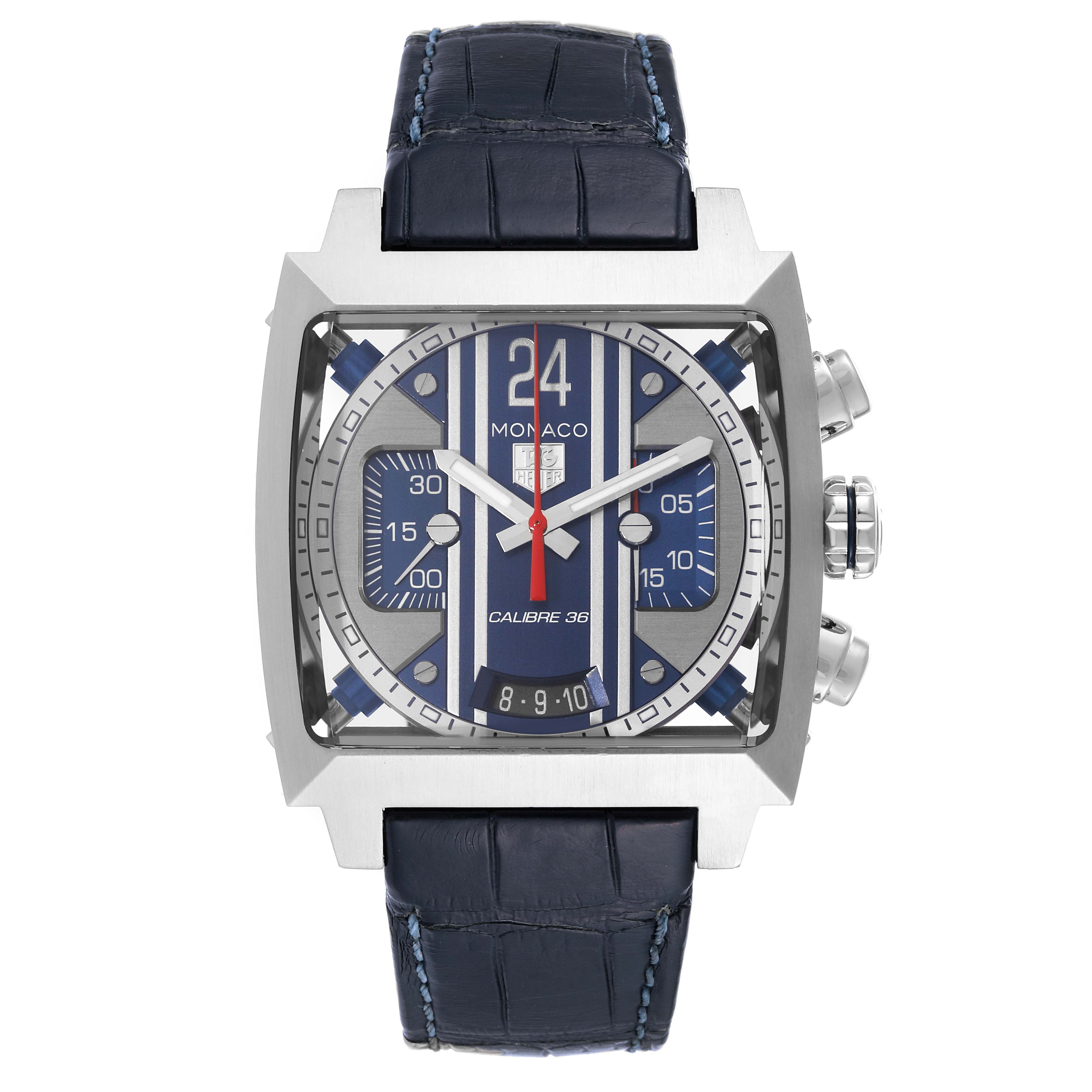 The image shows a front view of the Tag Heuer Monaco CAL5111.FC6299 Men's Stainless Steel Blue Dial CAL5111.FC6299 Men's Stainless Steel Blue Dial watch, displaying its dial, case, and crown.