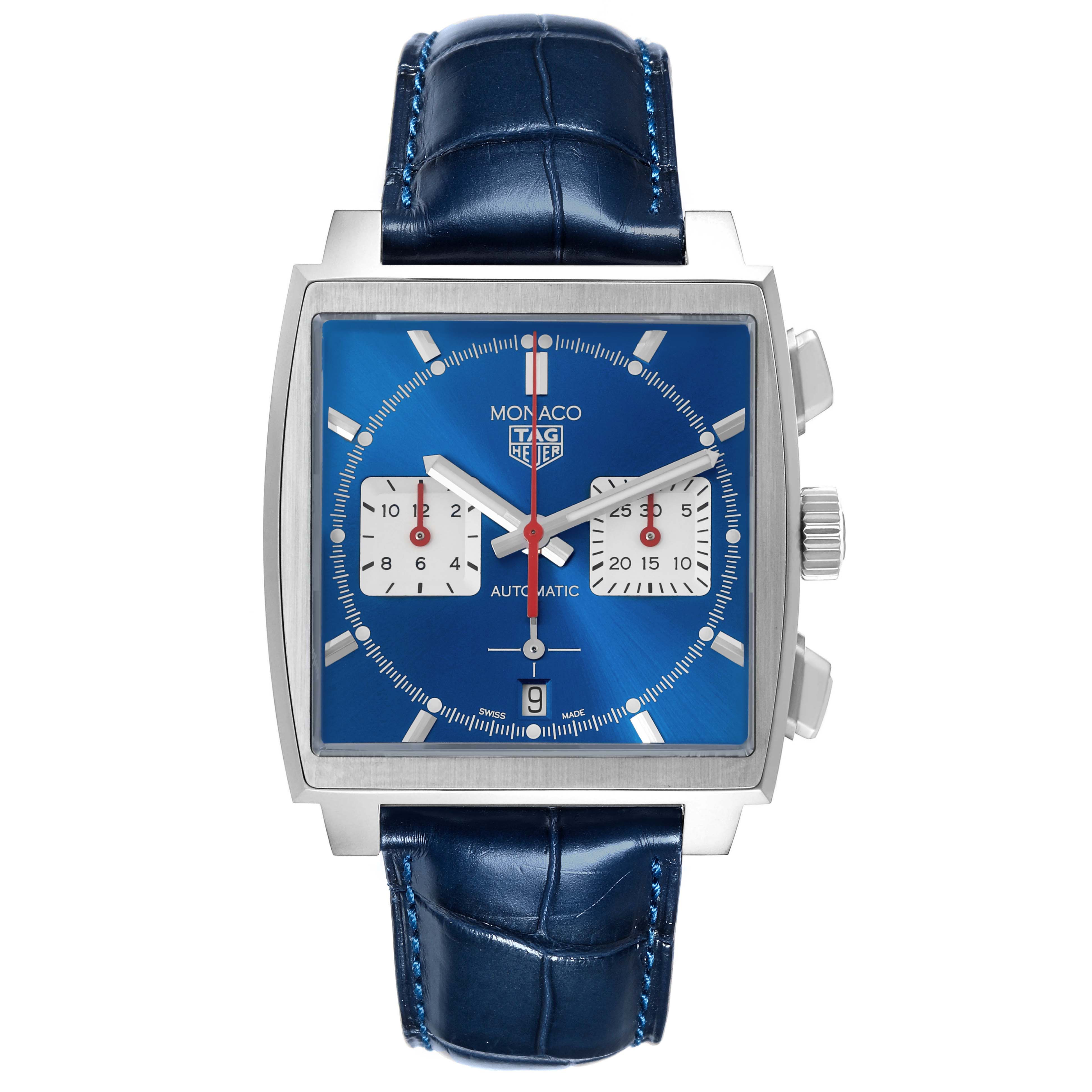The Tag Heuer Monaco CBL2111.FC6453 Men's Stainless Steel Blue Dial CBL2111.FC6453 Men's Stainless Steel Blue Dial watch is shown from the front, highlighting its square case, blue dial, and blue leather strap.