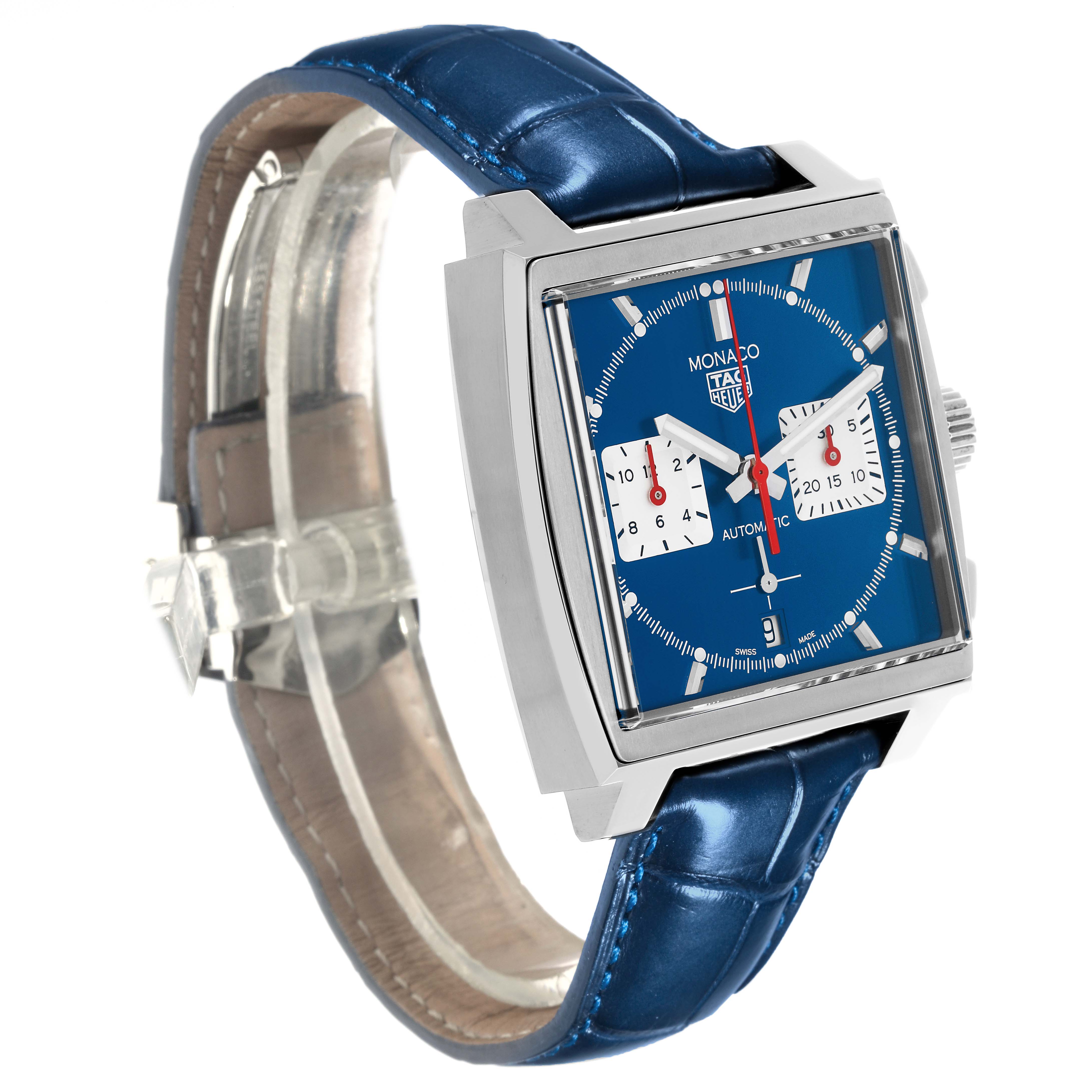 The Tag Heuer Monaco CBL2111.FC6453 Men's Stainless Steel Blue Dial CBL2111.FC6453 Men's Stainless Steel Blue Dial watch is shown at a three-quarter angle, highlighting its square case, blue dial, and blue leather strap.