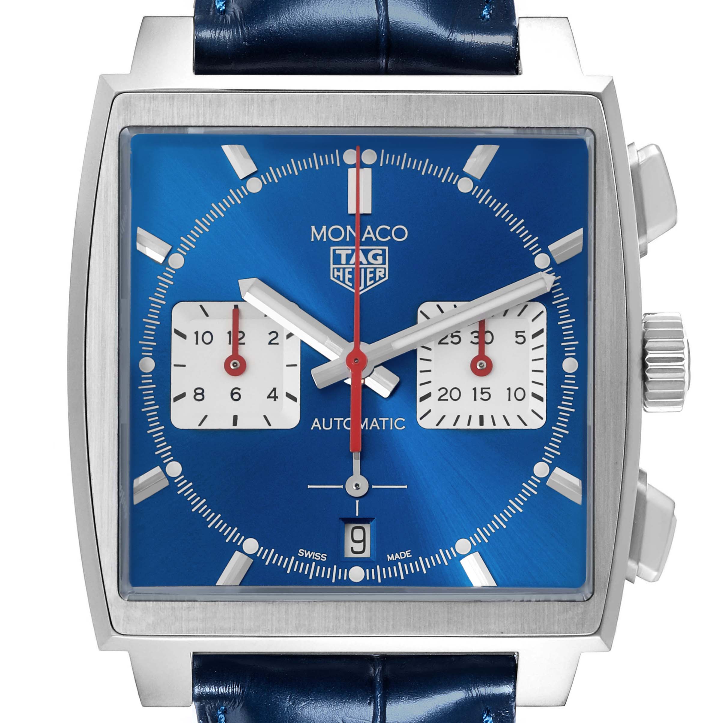 The Tag Heuer Monaco CBL2111.FC6453 Men's Stainless Steel Blue Dial CBL2111.FC6453 Men's Stainless Steel Blue Dial watch is shown from the front, displaying the dial, subdials, hands, crown, and pushers.
