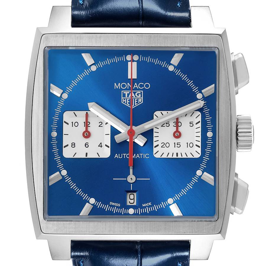 The Tag Heuer Monaco watch is shown from the front, displaying the dial, subdials, hands, crown, and pushers.