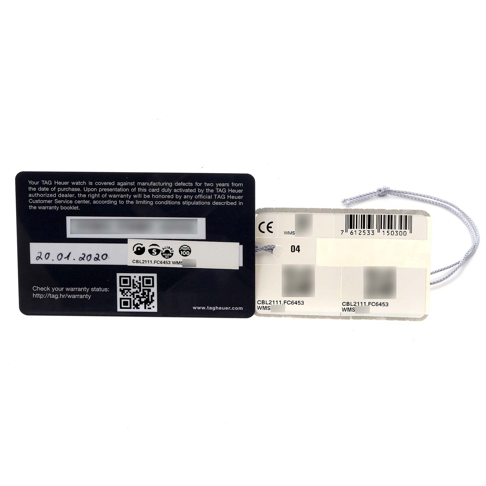 The image shows warranty cards and tags for a Tag Heuer Monaco CBL2111.FC6453 Men's Stainless Steel Blue Dial CBL2111.FC6453 Men's Stainless Steel Blue Dial watch.