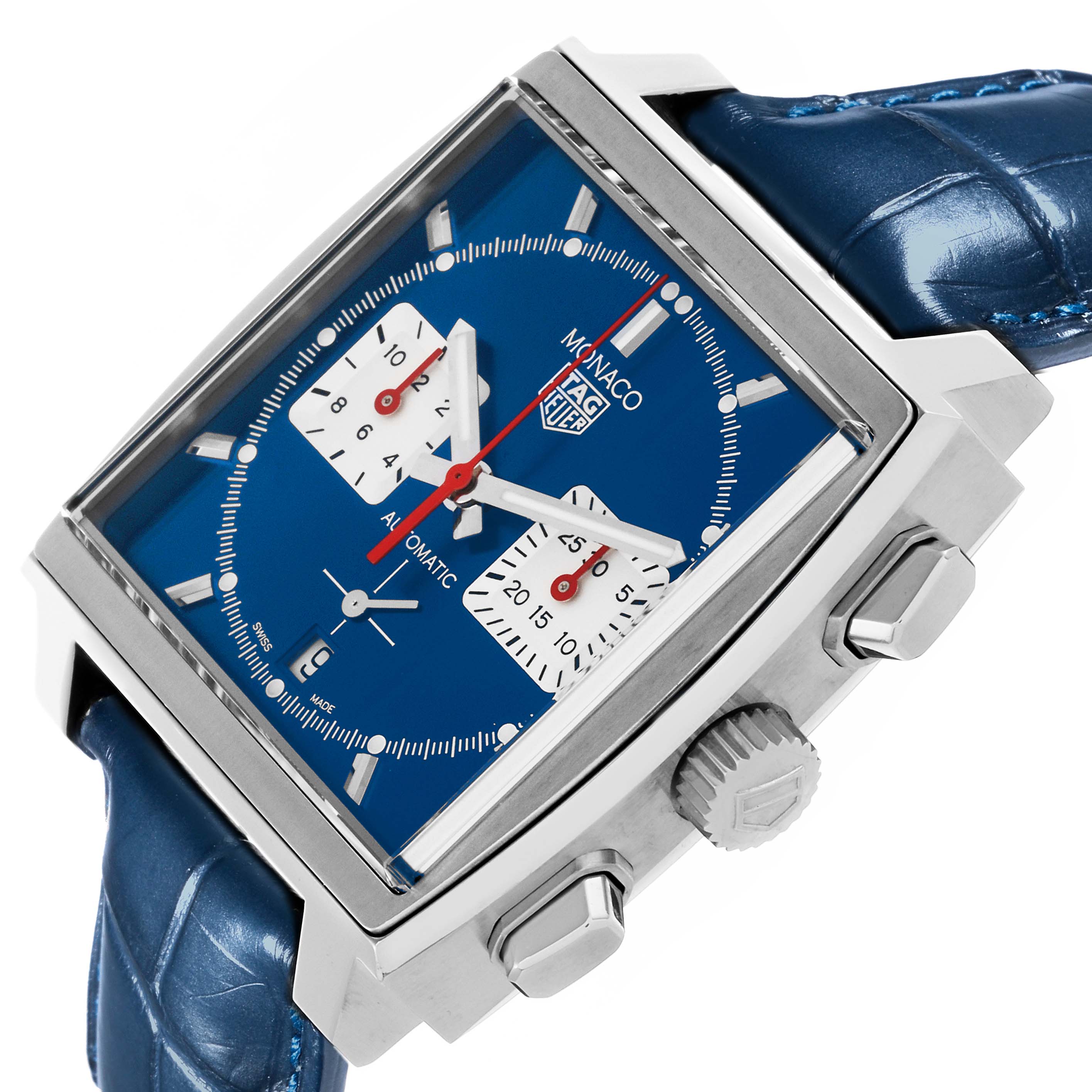 The Tag Heuer Monaco CBL2111.FC6453 Men's Stainless Steel Blue Dial CBL2111.FC6453 Men's Stainless Steel Blue Dial watch is shown at an angled side view, highlighting the crown, pushers, and blue dial with subdials.