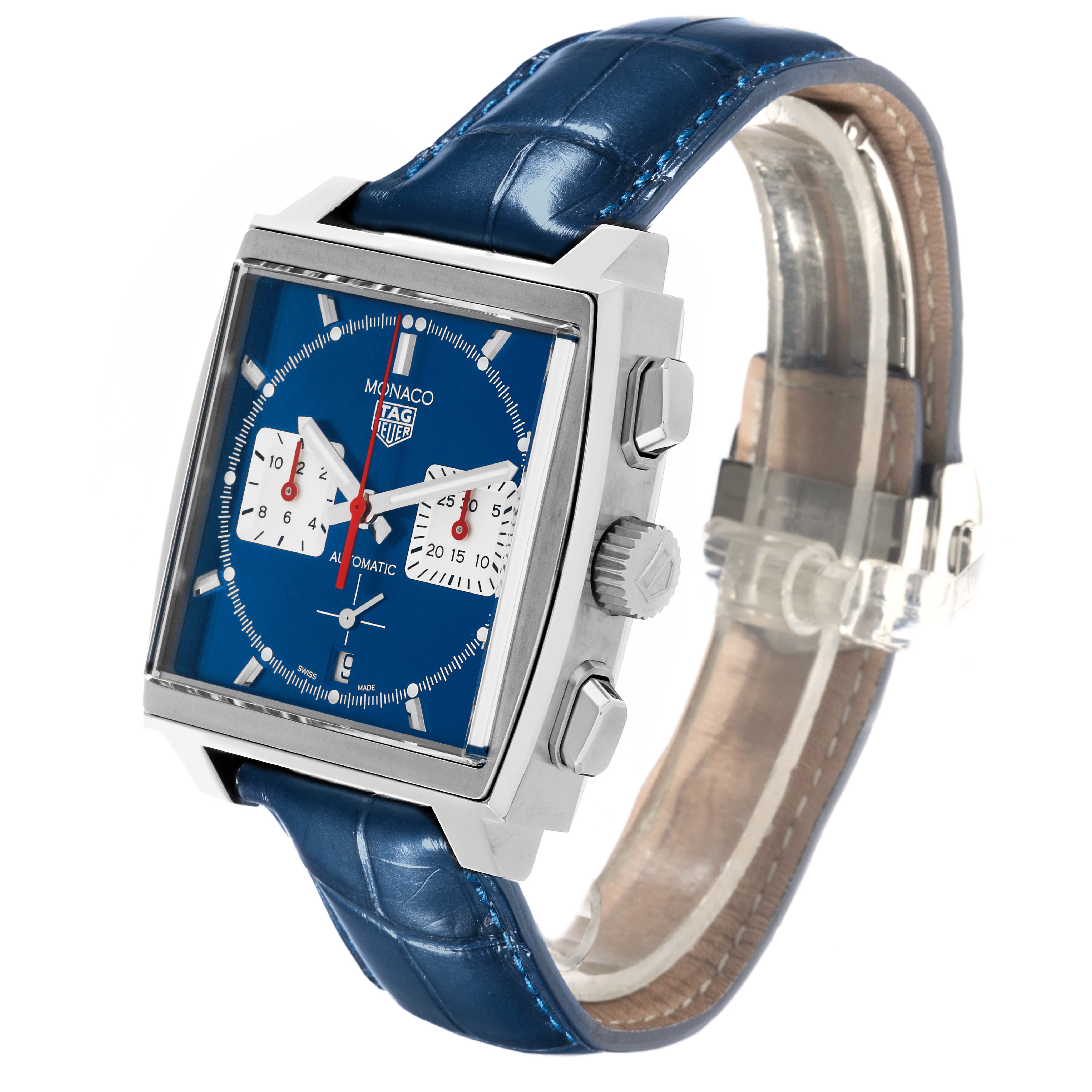 The image shows a side-angle view of the Tag Heuer Monaco CBL2111.FC6453 Men's Stainless Steel Blue Dial CBL2111.FC6453 Men's Stainless Steel Blue Dial watch, displaying the blue dial, square case, and leather strap.